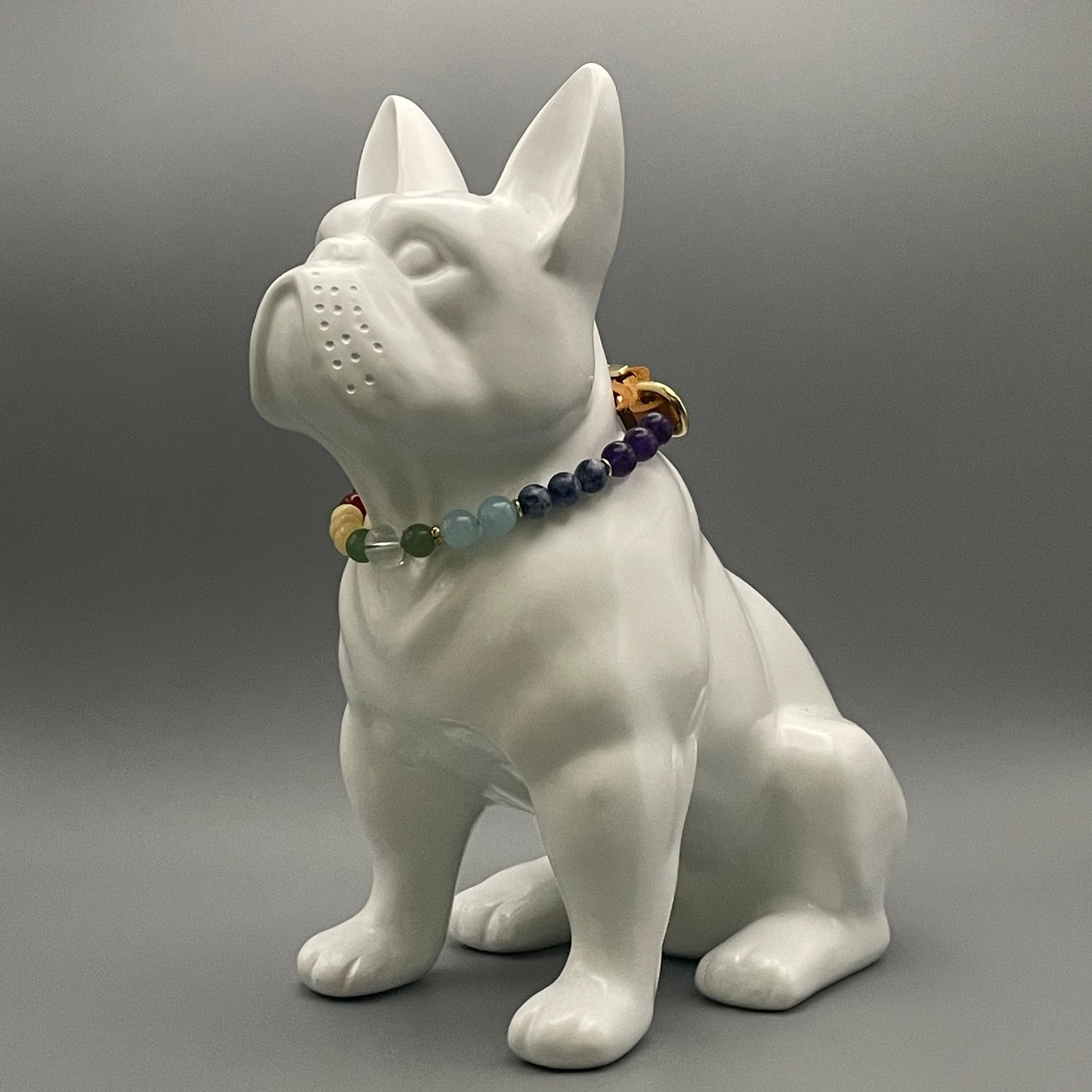 Größe: 32 cm Umfang. Edelstein-Hundehalsband – mit Granat, Karneol, gelbem Calcit, Aventurin, Bergkristall, Aquamarin, Sodalit & Amethyst