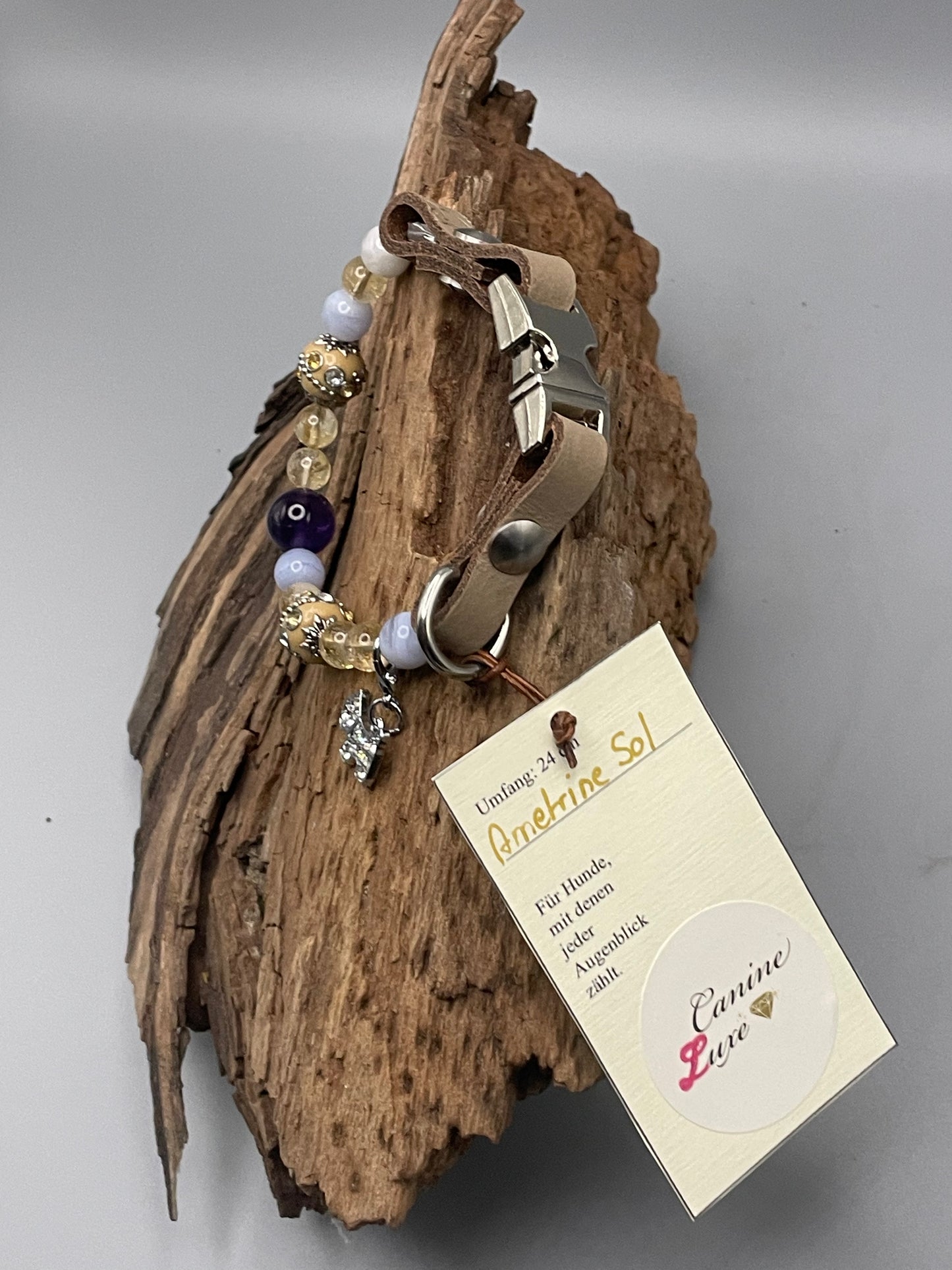 Größe: 24 cm Umfang. Ametrine Sol • Edelstein-Hundehalsband – mit Amethyst, Citrin & Calcit