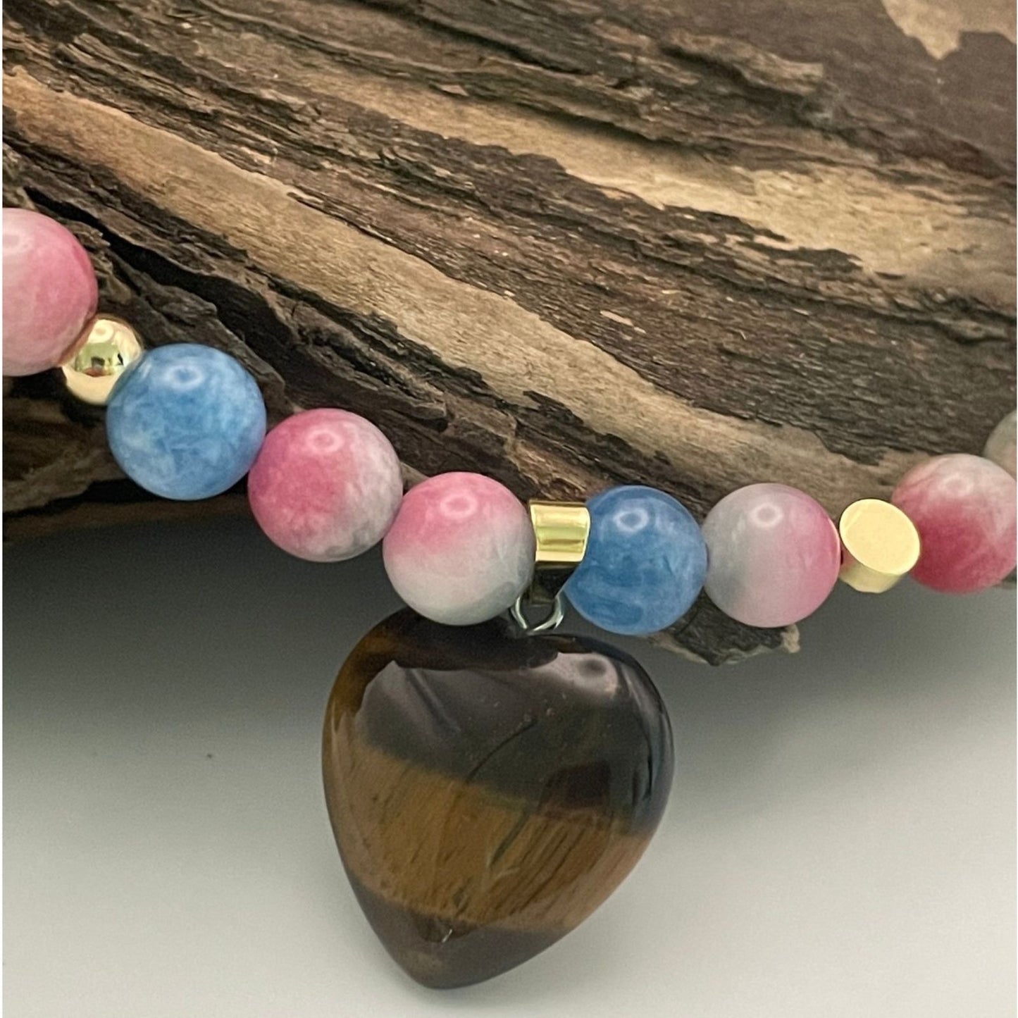 Größe: Umfang 52 cm. Einzigartiges Hundehalsband mit echten Edelsteinen - mit Tigerauge, Aquamarin und Achat