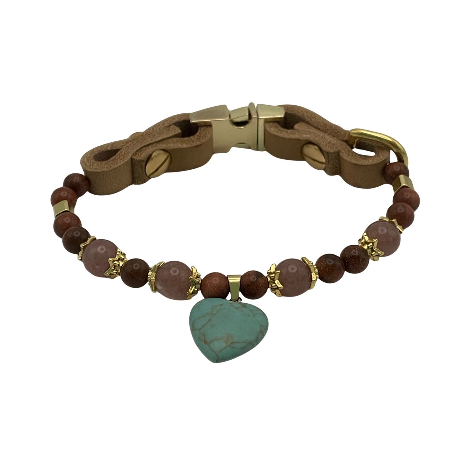 Größe: 27 cm Umfang. Hundehalsband mit Edelsteinen - handmade & einzigartig mit Türkis, Erdbeerquarz und Goldfuss