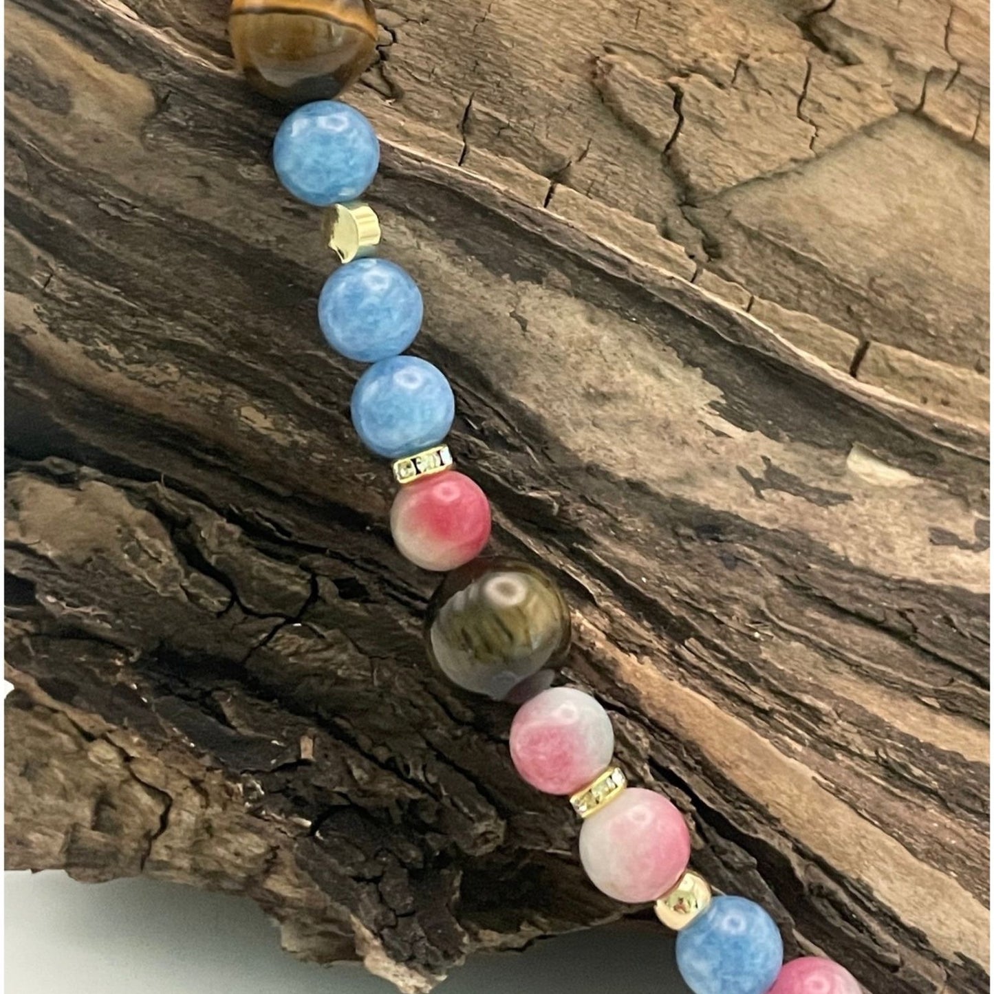 Größe: Umfang 52 cm. Einzigartiges Hundehalsband mit echten Edelsteinen - mit Tigerauge, Aquamarin und Achat