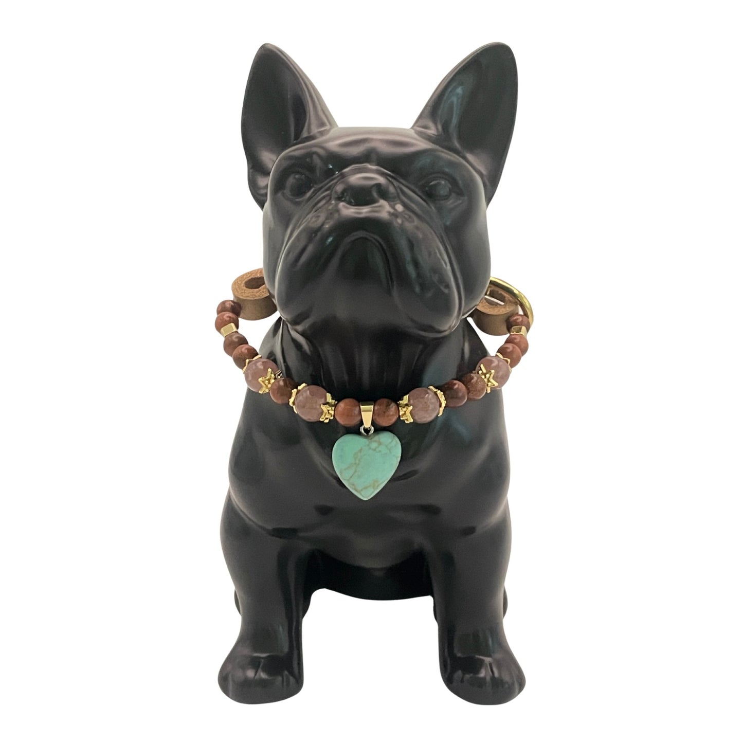 Größe: 27 cm Umfang. Hundehalsband mit Edelsteinen - handmade & einzigartig mit Türkis, Erdbeerquarz und Goldfuss