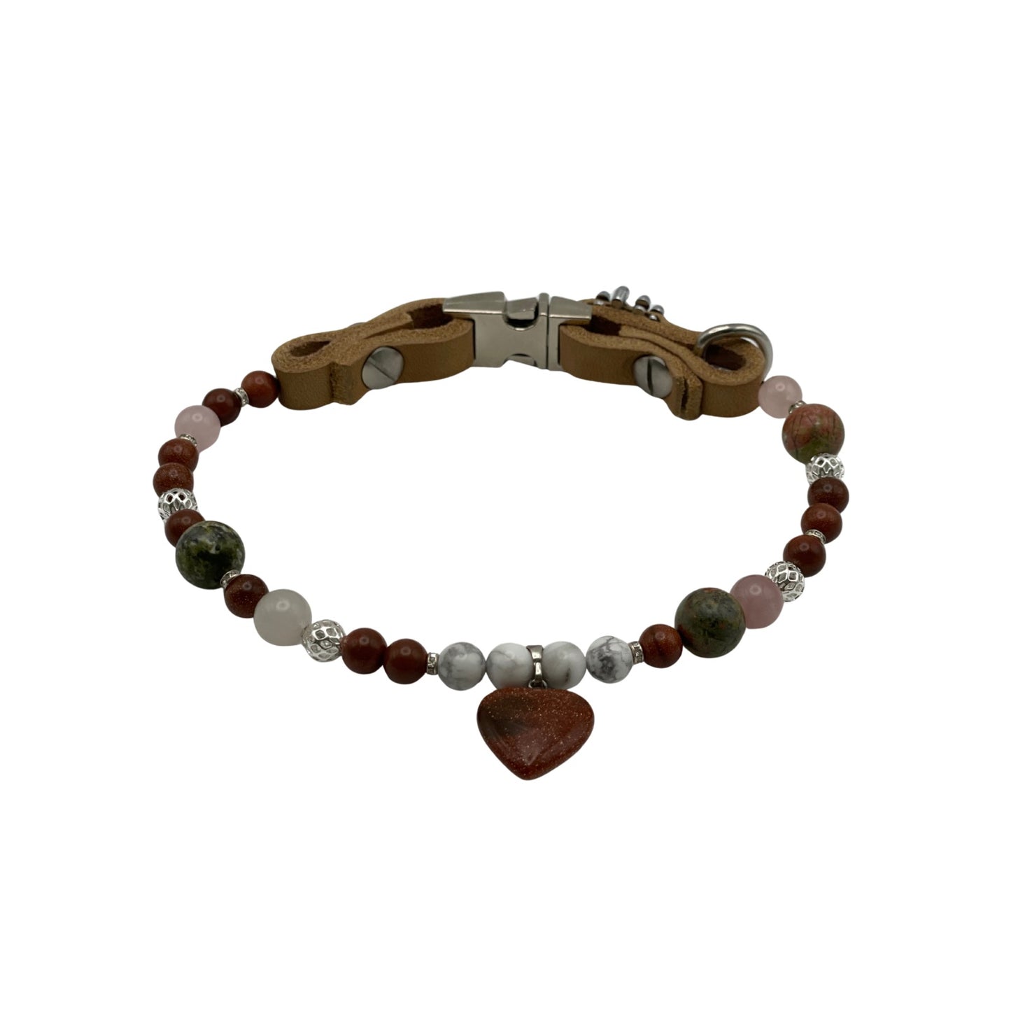 Größe: 35 cm Umfang. Edelstein-Halsband für Hunde -exklusiv mit Goldfuss, Unakit, Magnesit und Rosenquarz