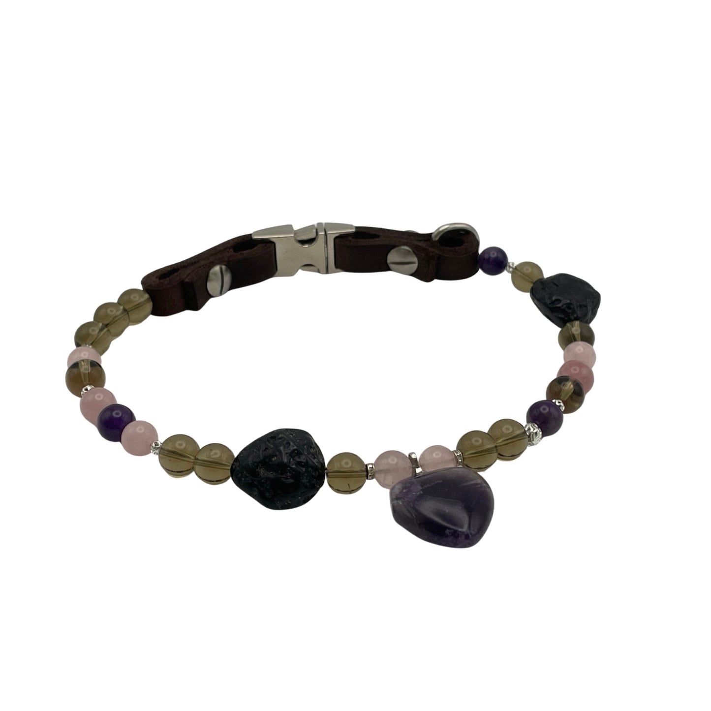 Größe: 42 cm Umfang. Edelstein-Hundehalsband im Designerstil - mit Amethyst, Rosenquarz, Rauchquarz und Tektit