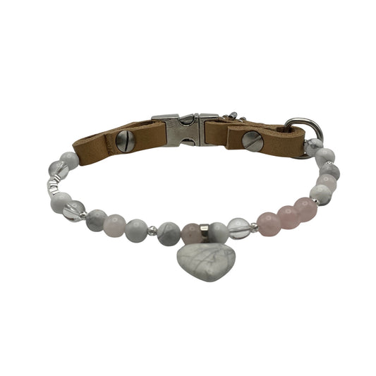 Größe: 31 cm Umfang. Hundehalsband mit Edelsteinen - mit Rosenquarz, Bergkristall und Magnesit