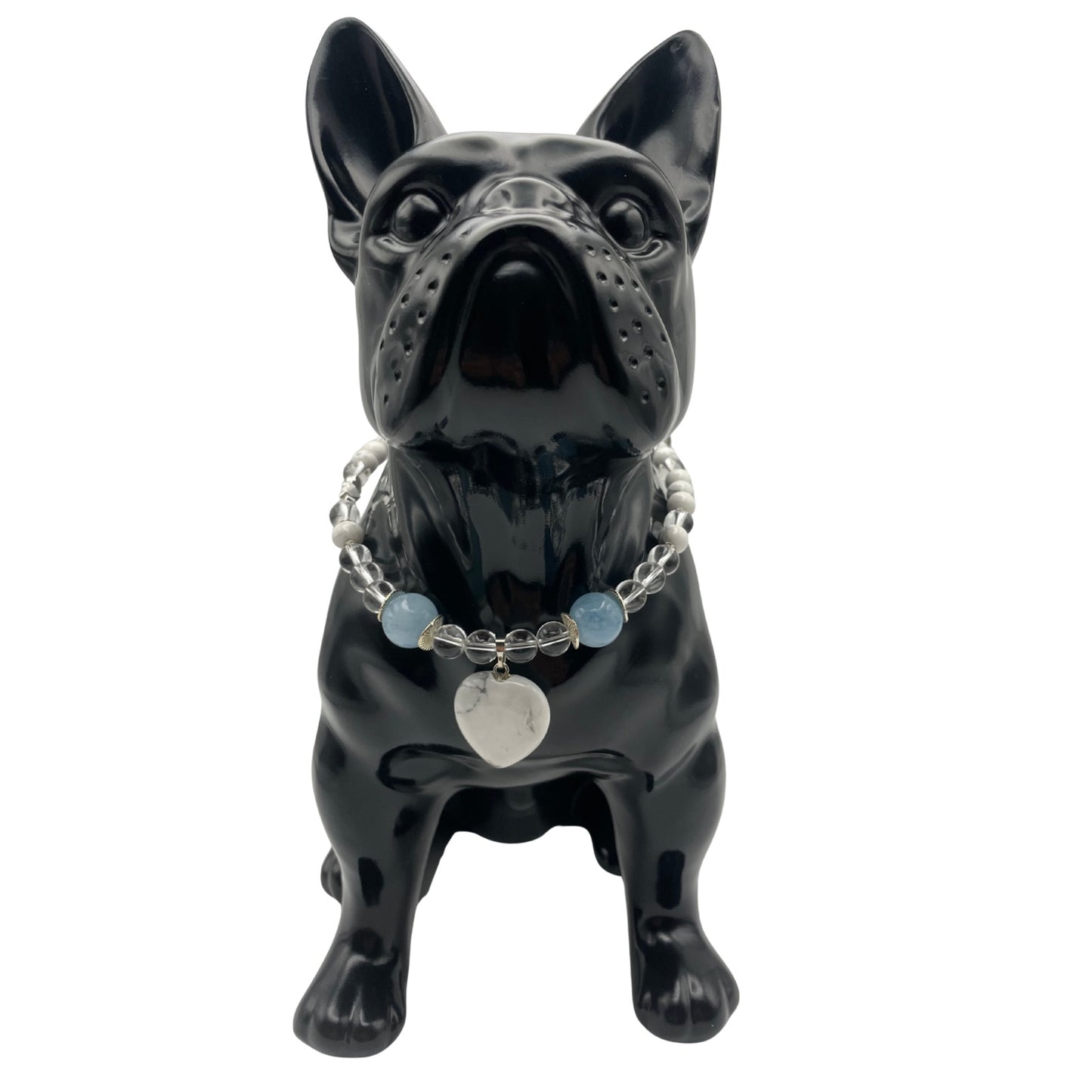 Größe: 38 cm Umfang. Handgefertigtes Edelstein-Hundehalsband - mit Magnesit, Bergkristall und Aquamarin