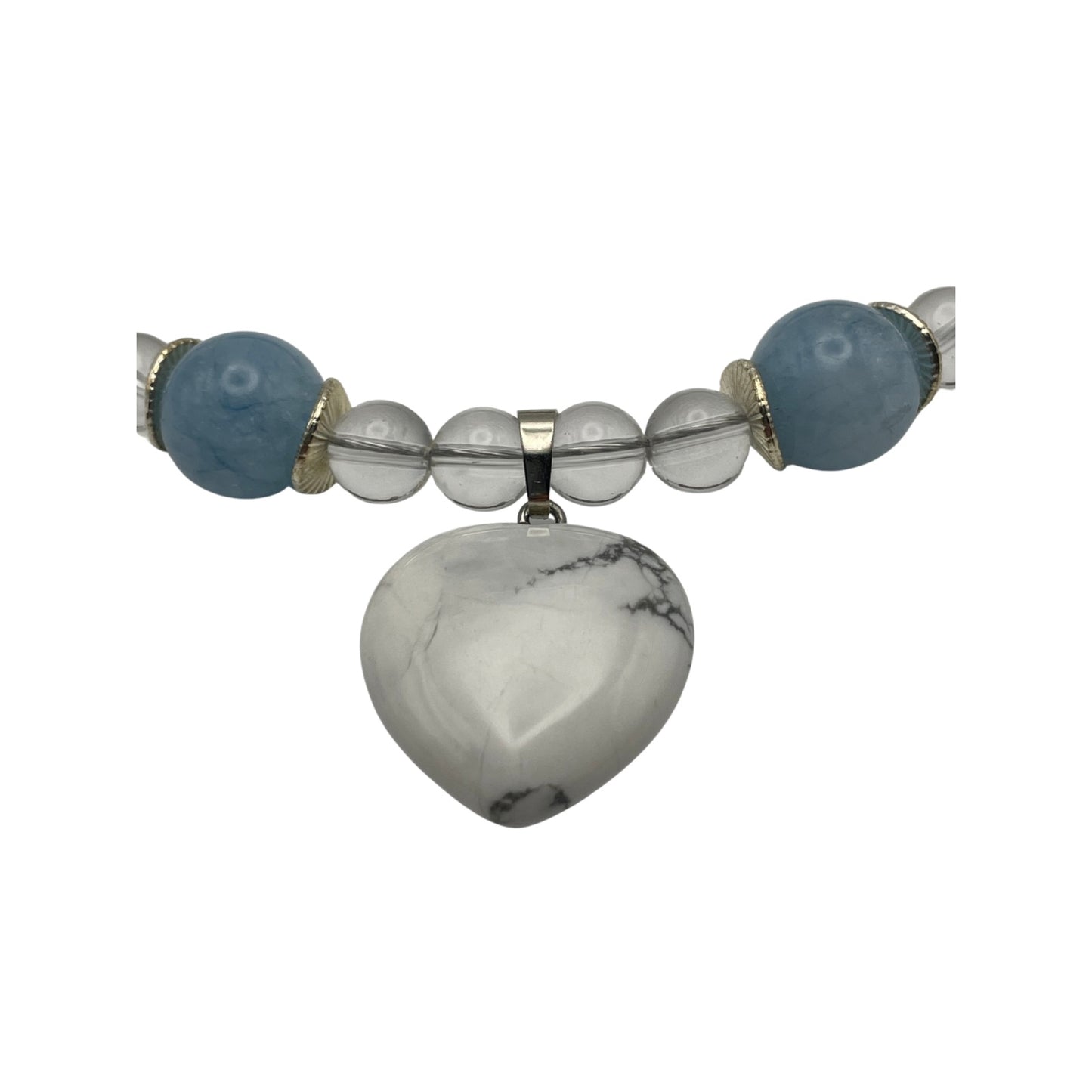 Größe: 38 cm Umfang. Handgefertigtes Edelstein-Hundehalsband - mit Magnesit, Bergkristall und Aquamarin