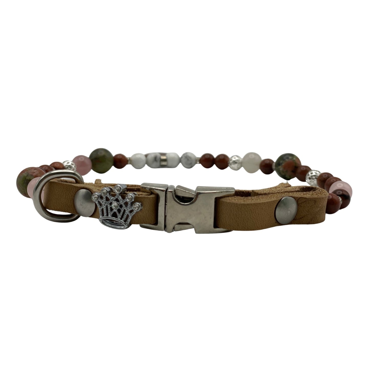 Größe: 35 cm Umfang. Edelstein-Halsband für Hunde -exklusiv mit Goldfuss, Unakit, Magnesit und Rosenquarz