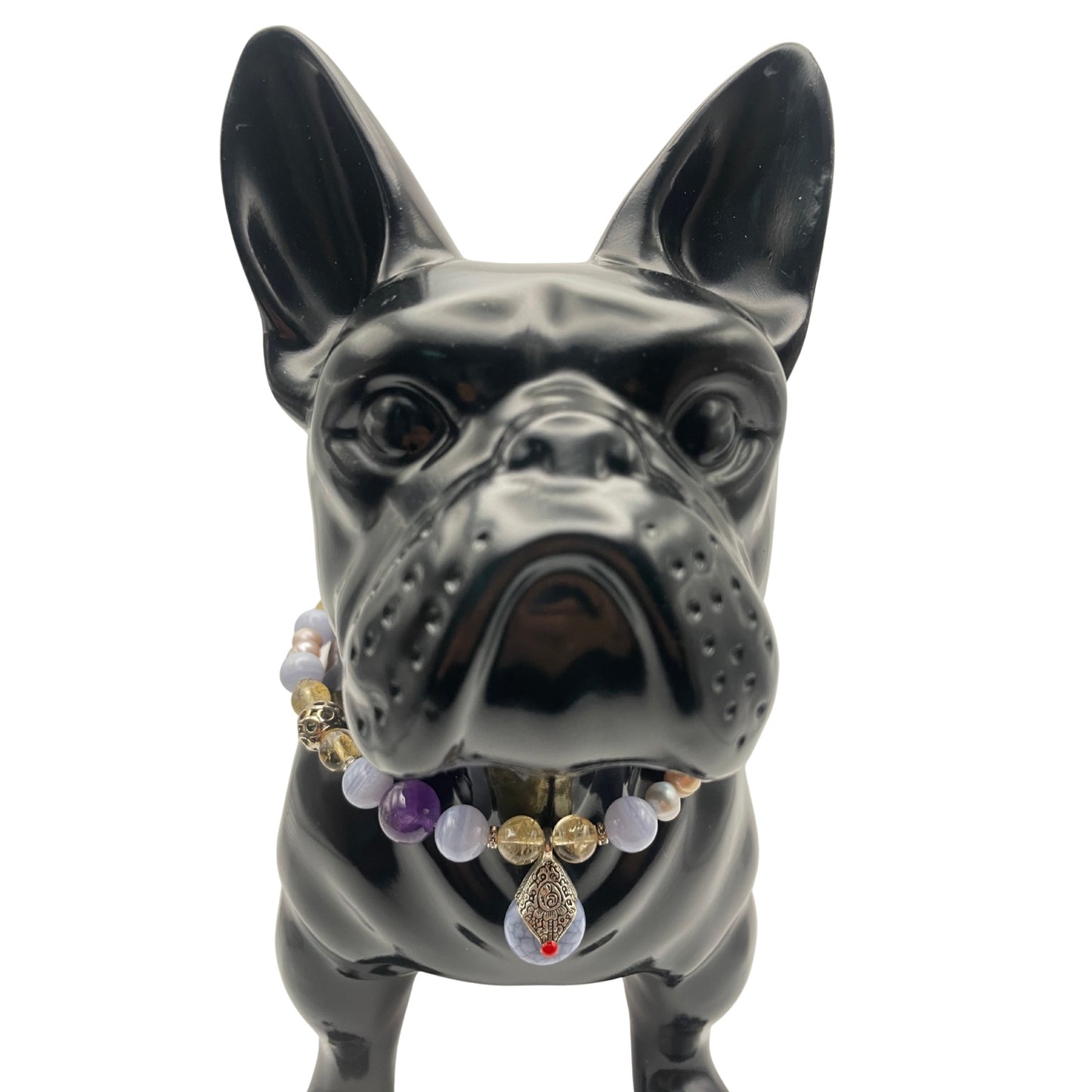 Größe: 37 cm Umfang. Hundehalsband mit Edelsteinen - mit blauen Calcit, Citrin, Amethyst und echten Südwasserperlen