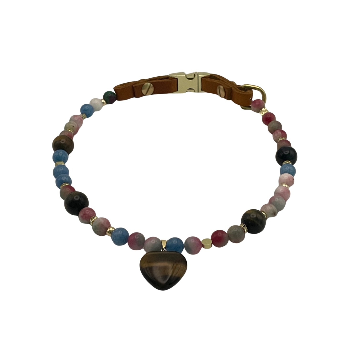 Größe: Umfang 52 cm. Einzigartiges Hundehalsband mit echten Edelsteinen - mit Tigerauge, Aquamarin und Achat