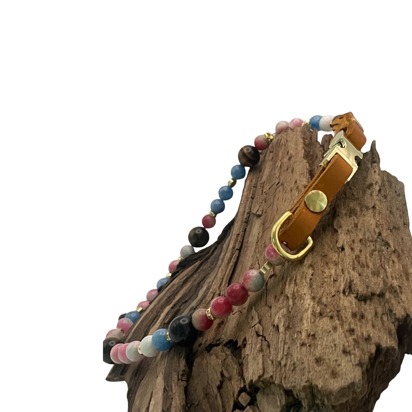 Größe: Umfang 52 cm. Einzigartiges Hundehalsband mit echten Edelsteinen - mit Tigerauge, Aquamarin und Achat