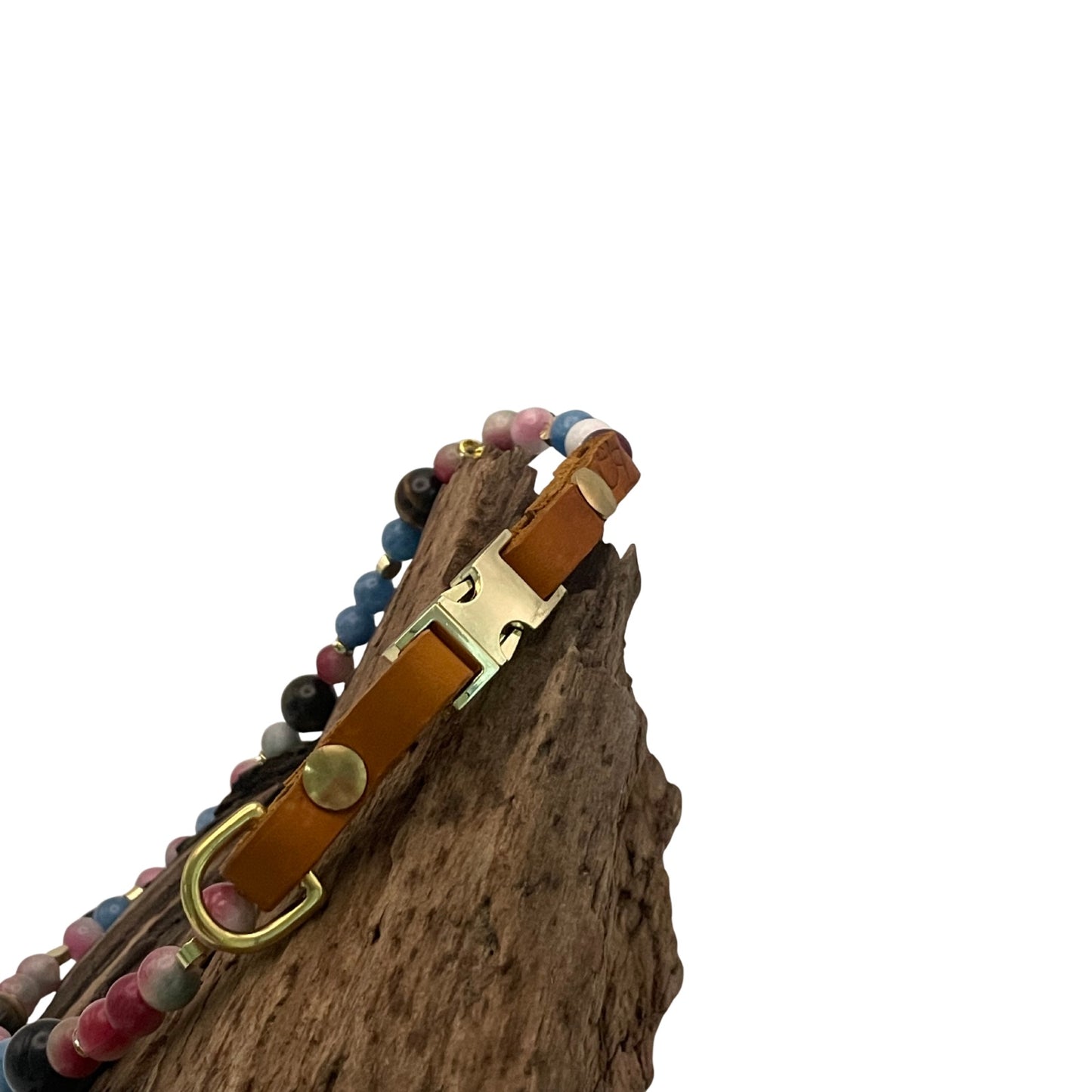 Größe: Umfang 52 cm. Einzigartiges Hundehalsband mit echten Edelsteinen - mit Tigerauge, Aquamarin und Achat