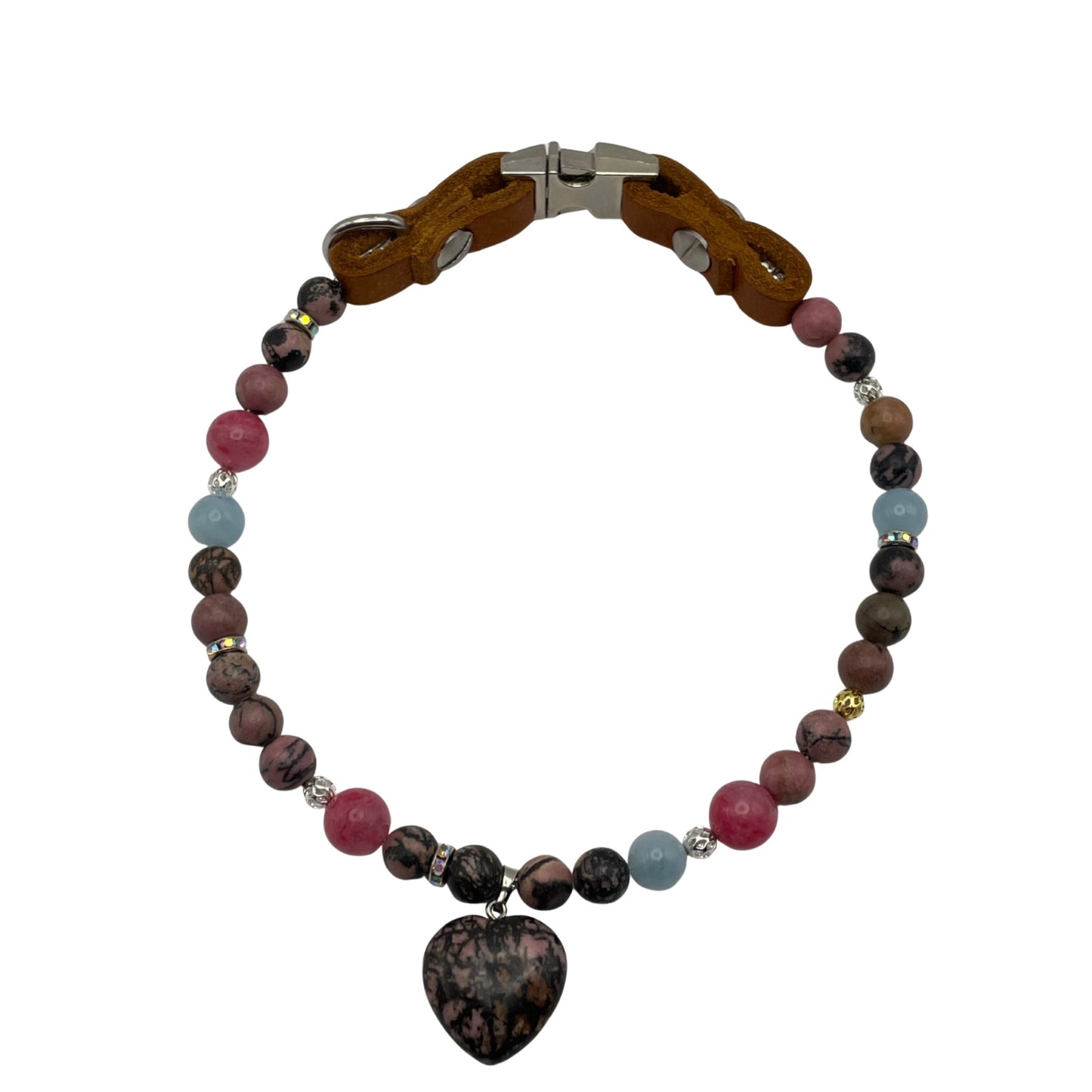 Größe: 43 cm Umfang. Hundehalsband - Edelstein-Design & Luxus vereint mit Rhodonit, Rubin und Aquamarin