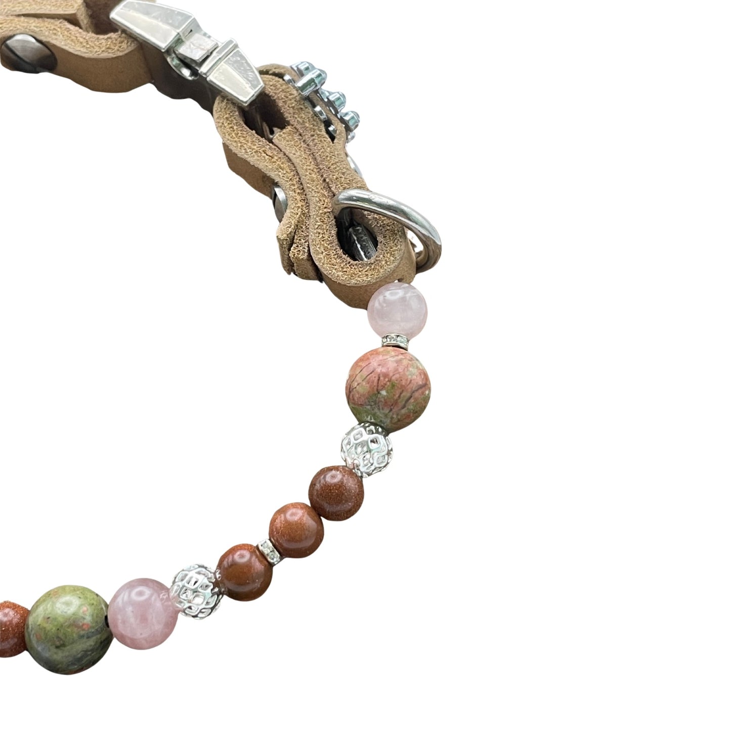 Größe: 35 cm Umfang. Edelstein-Halsband für Hunde -exklusiv mit Goldfuss, Unakit, Magnesit und Rosenquarz