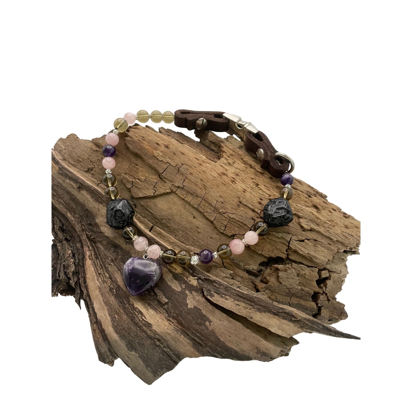 Größe: 42 cm Umfang. Edelstein-Hundehalsband im Designerstil - mit Amethyst, Rosenquarz, Rauchquarz und Tektit