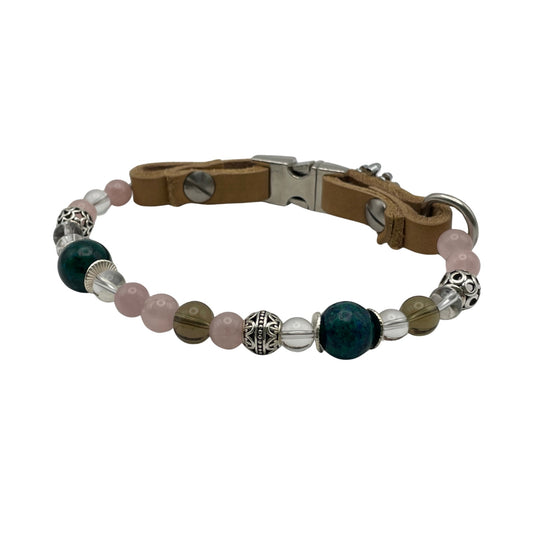 Größe: 30 cm Umfang. Edelstein-Halsband für Hunde - exklusiv & liebevoll gefertigt mit Rosenquarz, Bergkristall und Chrysokoll-Quarz