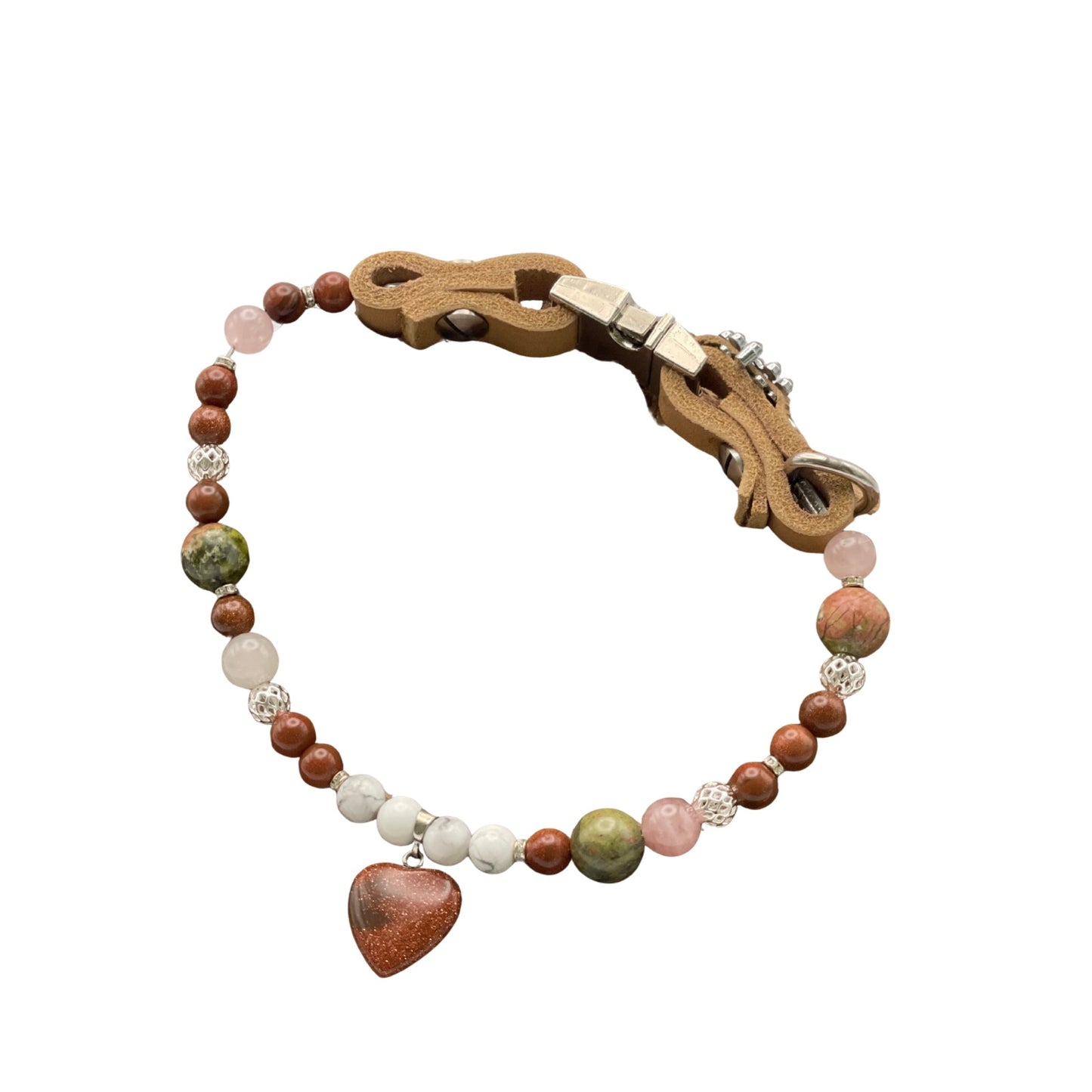 Größe: 35 cm Umfang. Edelstein-Halsband für Hunde -exklusiv mit Goldfuss, Unakit, Magnesit und Rosenquarz