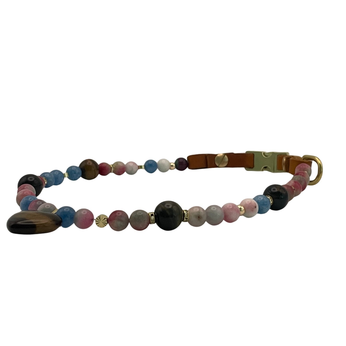 Größe: Umfang 52 cm. Einzigartiges Hundehalsband mit echten Edelsteinen - mit Tigerauge, Aquamarin und Achat