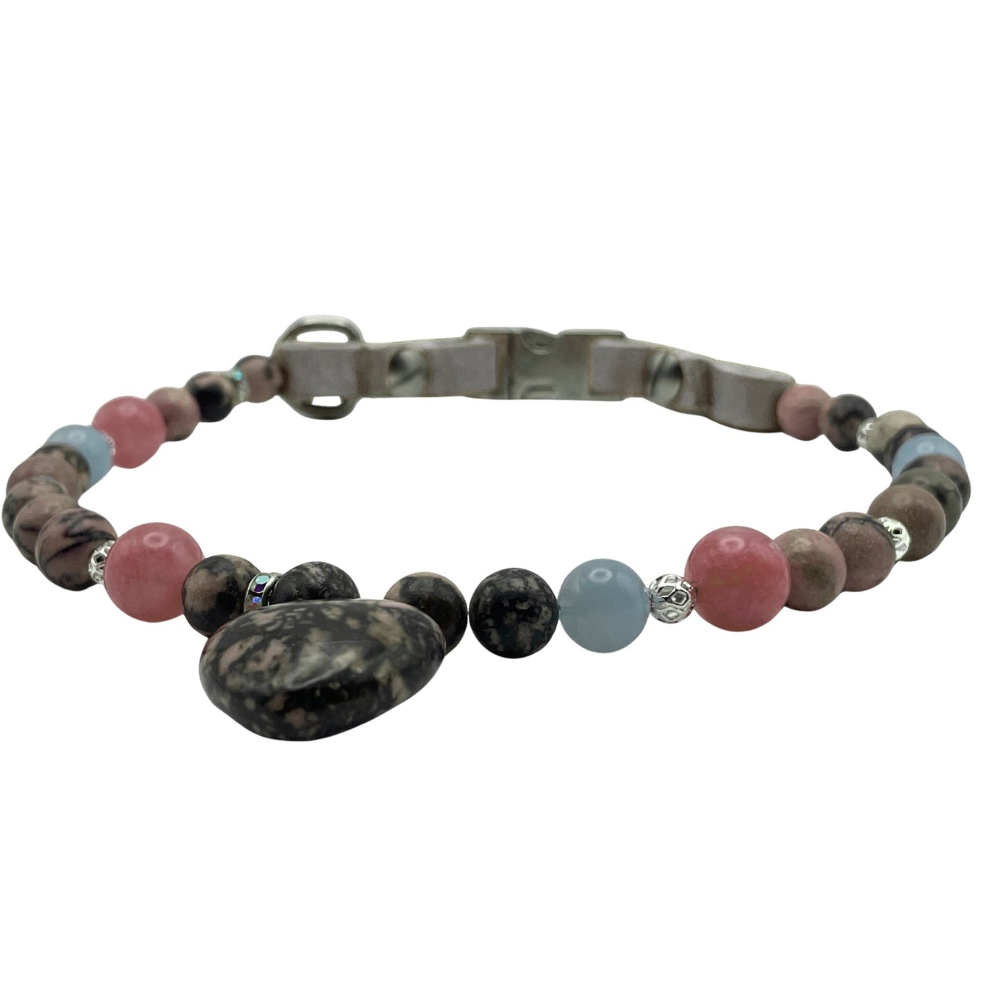 Größe: 43 cm Umfang. Hundehalsband - Edelstein-Design & Luxus vereint mit Rhodonit, Rubin und Aquamarin