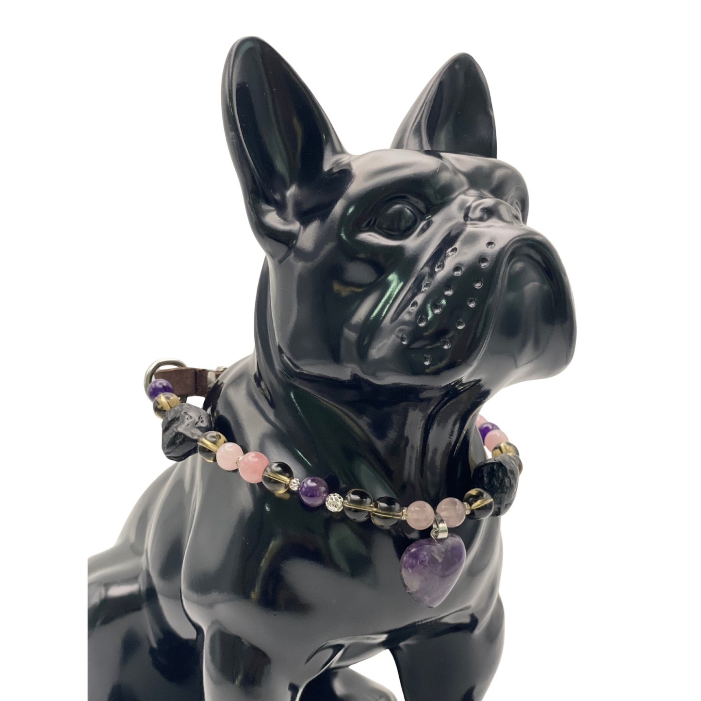 Größe: 42 cm Umfang. Edelstein-Hundehalsband im Designerstil - mit Amethyst, Rosenquarz, Rauchquarz und Tektit