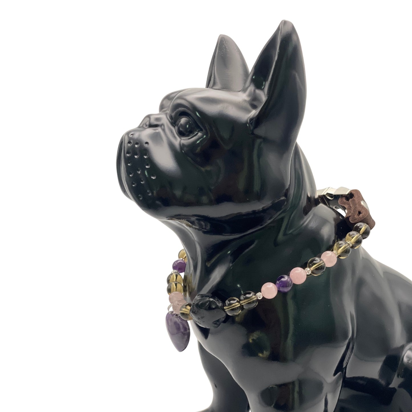 Größe: 42 cm Umfang. Edelstein-Hundehalsband im Designerstil - mit Amethyst, Rosenquarz, Rauchquarz und Tektit