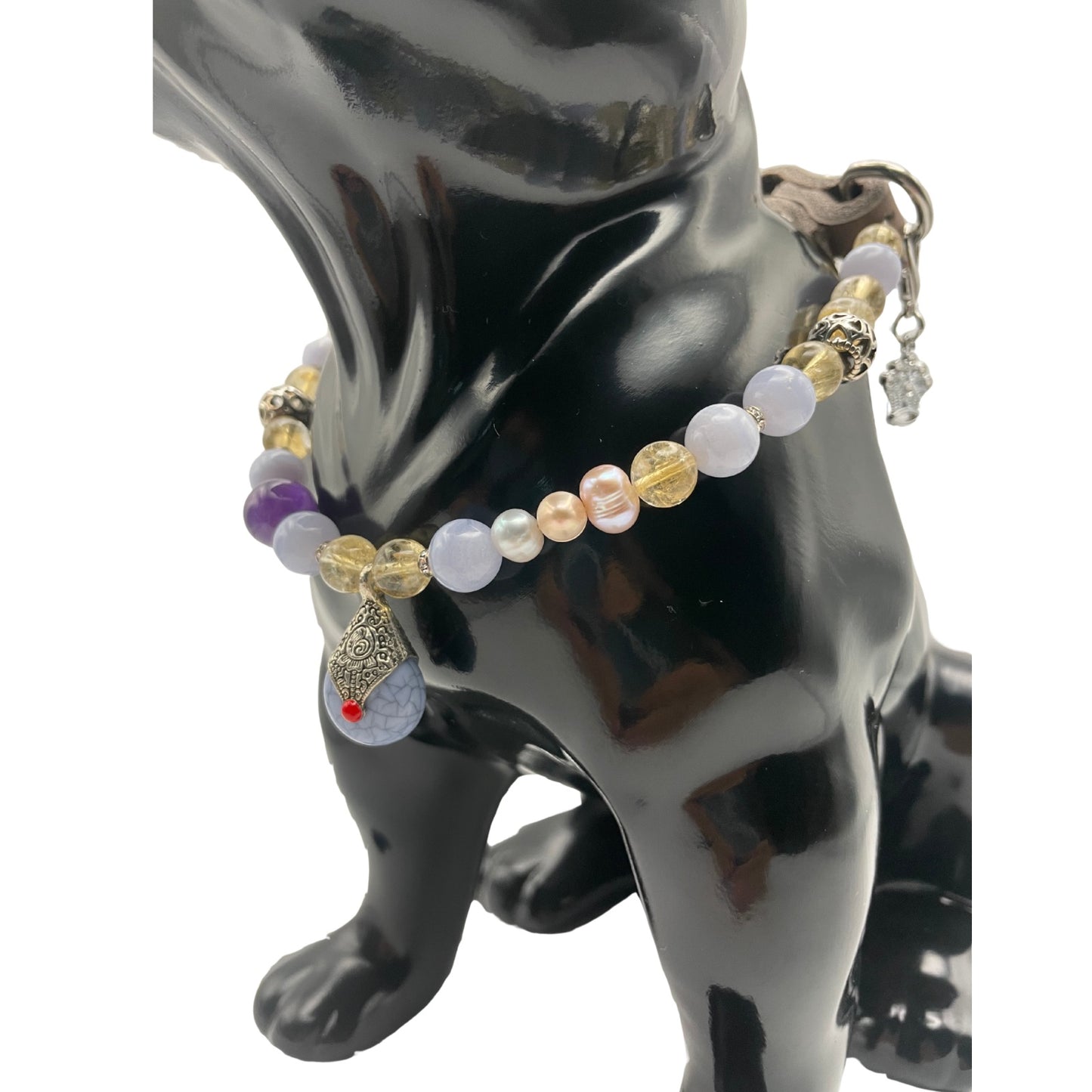 Größe: 37 cm Umfang. Hundehalsband mit Edelsteinen - mit blauen Calcit, Citrin, Amethyst und echten Südwasserperlen