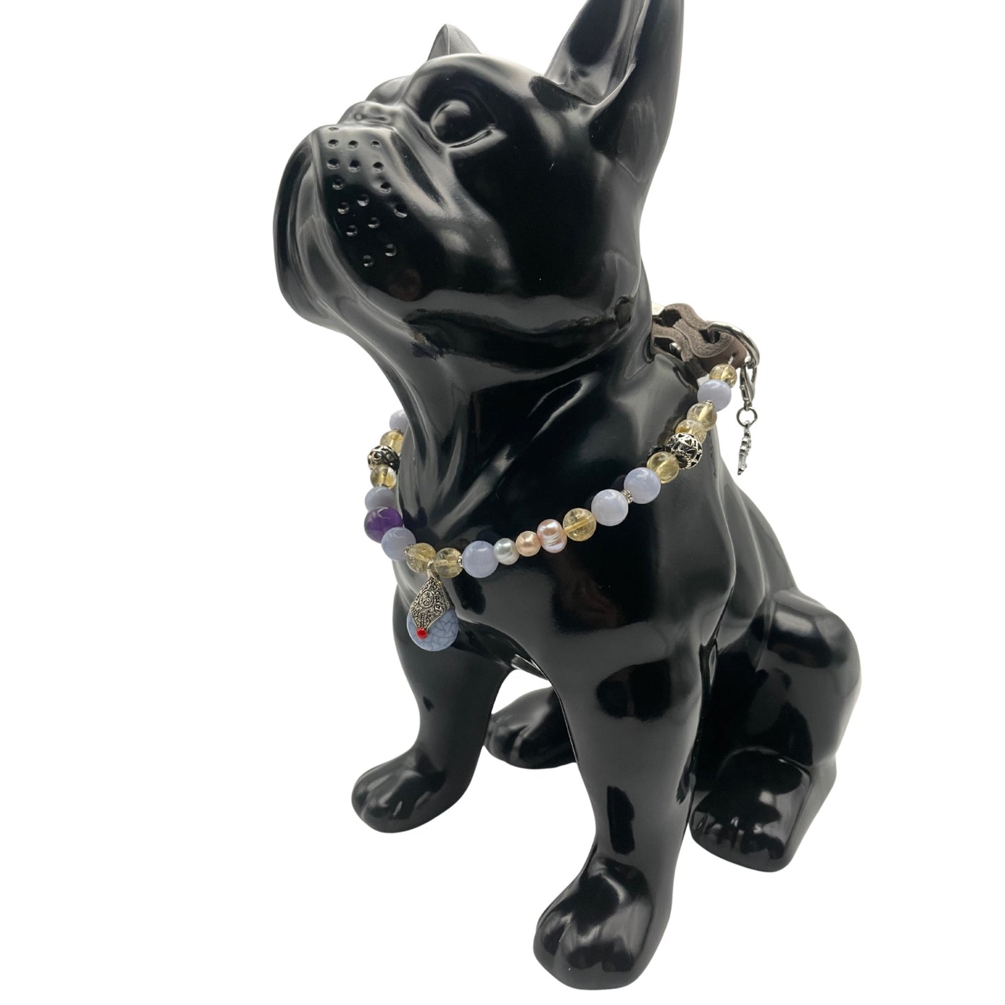 Größe: 37 cm Umfang. Hundehalsband mit Edelsteinen - mit blauen Calcit, Citrin, Amethyst und echten Südwasserperlen