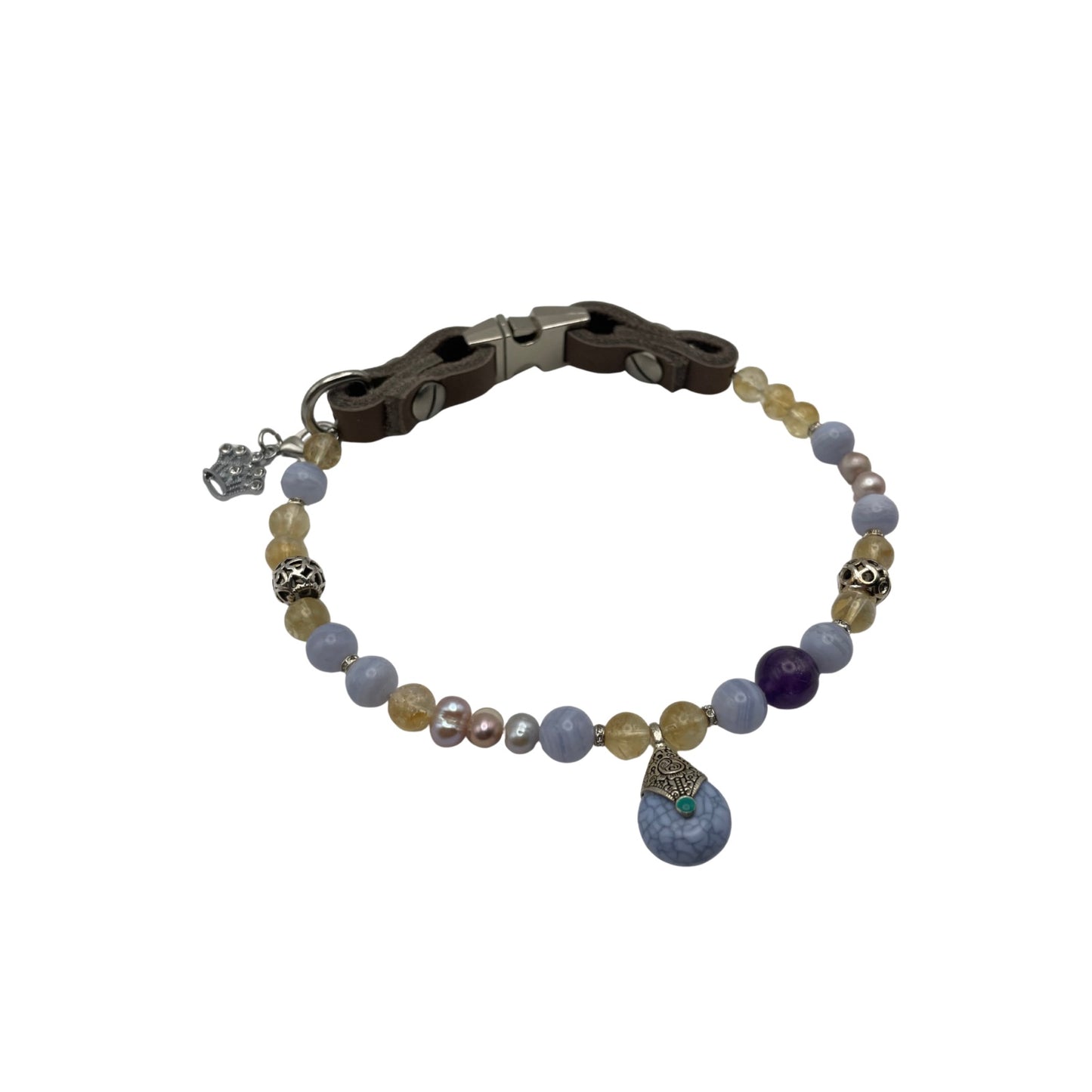 Größe: 37 cm Umfang. Hundehalsband mit Edelsteinen - mit blauen Calcit, Citrin, Amethyst und echten Südwasserperlen