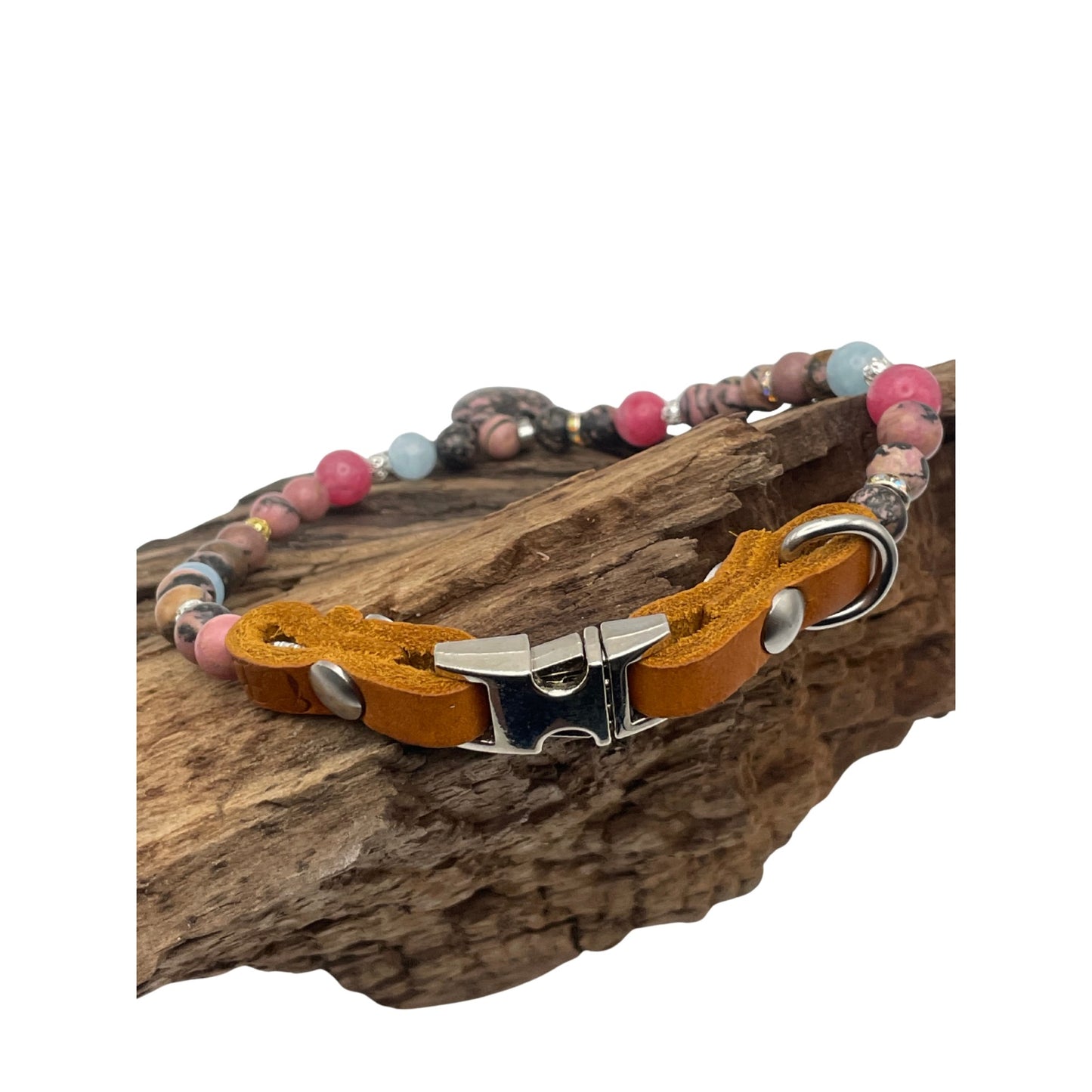 Größe: 43 cm Umfang. Hundehalsband - Edelstein-Design & Luxus vereint mit Rhodonit, Rubin und Aquamarin