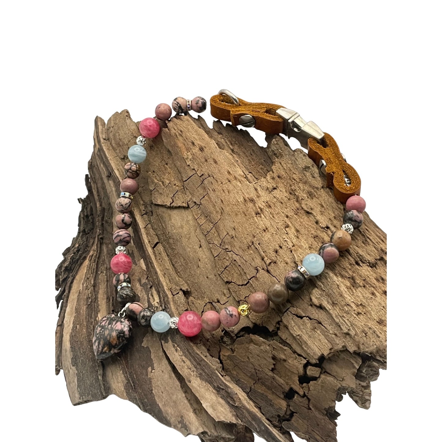 Größe: 43 cm Umfang. Hundehalsband - Edelstein-Design & Luxus vereint mit Rhodonit, Rubin und Aquamarin