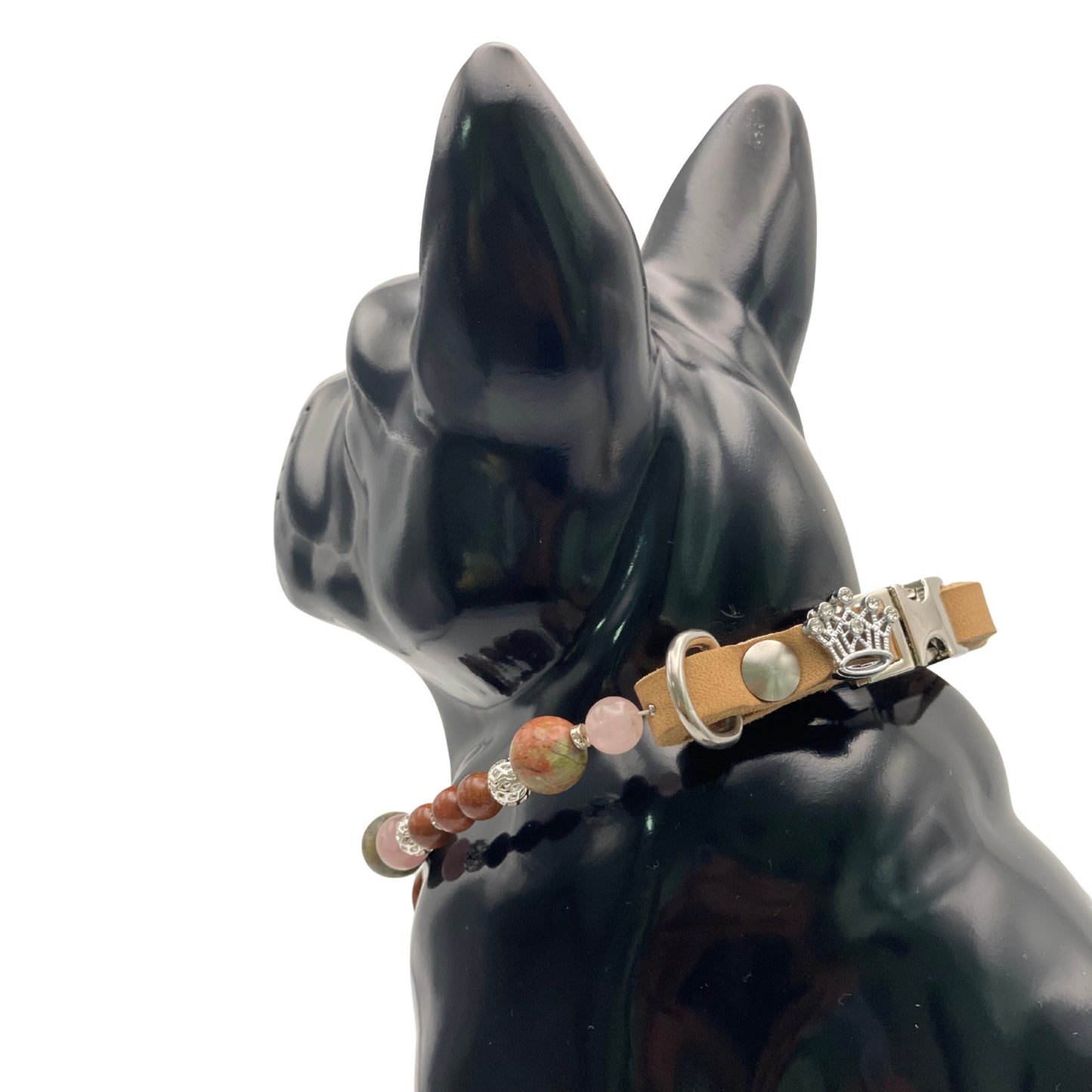 Größe: 35 cm Umfang. Edelstein-Halsband für Hunde -exklusiv mit Goldfuss, Unakit, Magnesit und Rosenquarz