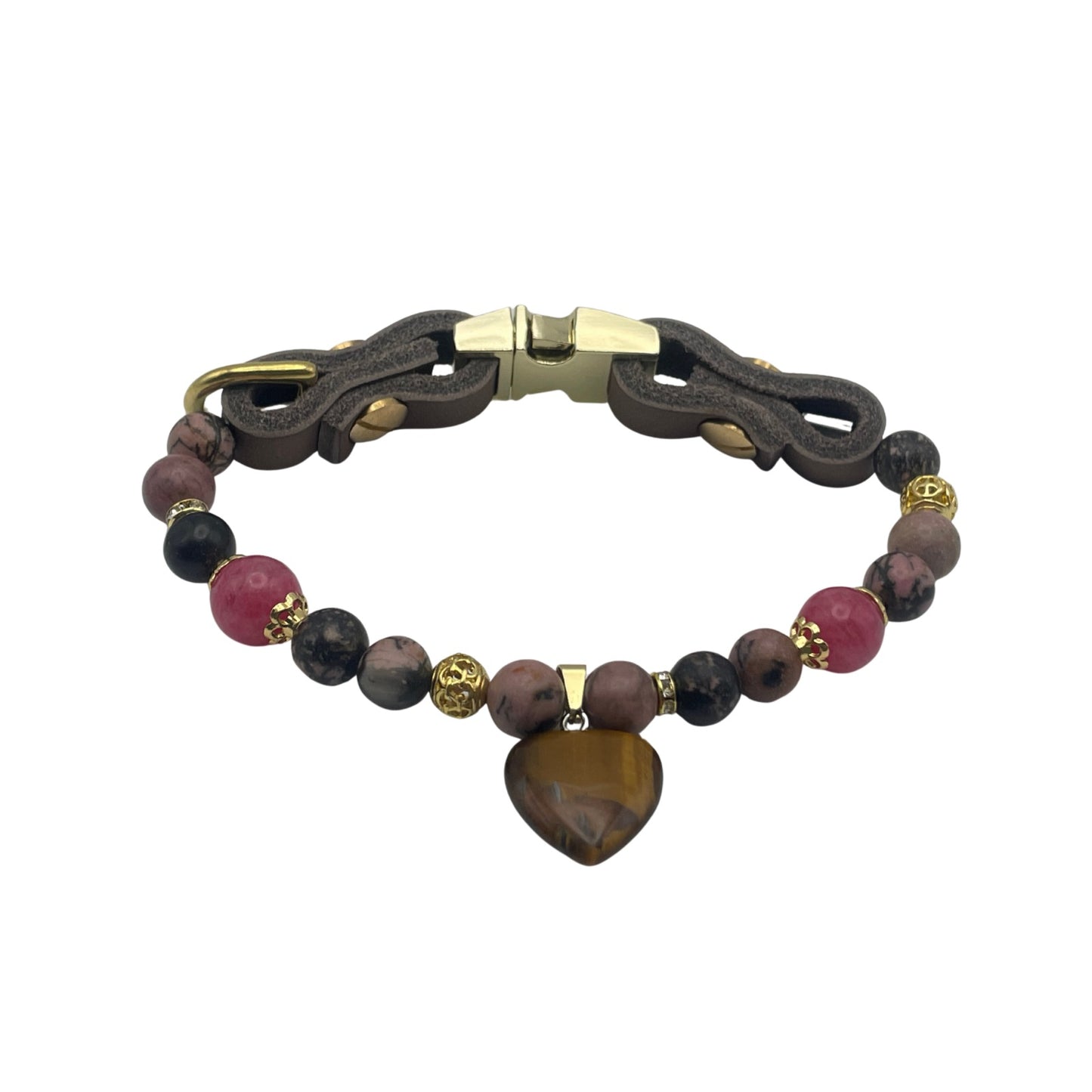 Größe: 28 cm Umfang. Edelstein - Hundehalsband - mit Tigerauge, Rhodonit und Rubin