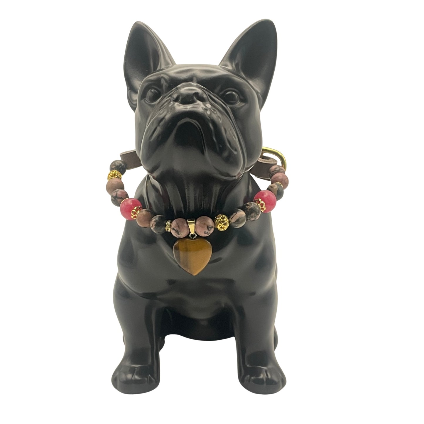 Größe: 28 cm Umfang. Edelstein - Hundehalsband - mit Tigerauge, Rhodonit und Rubin