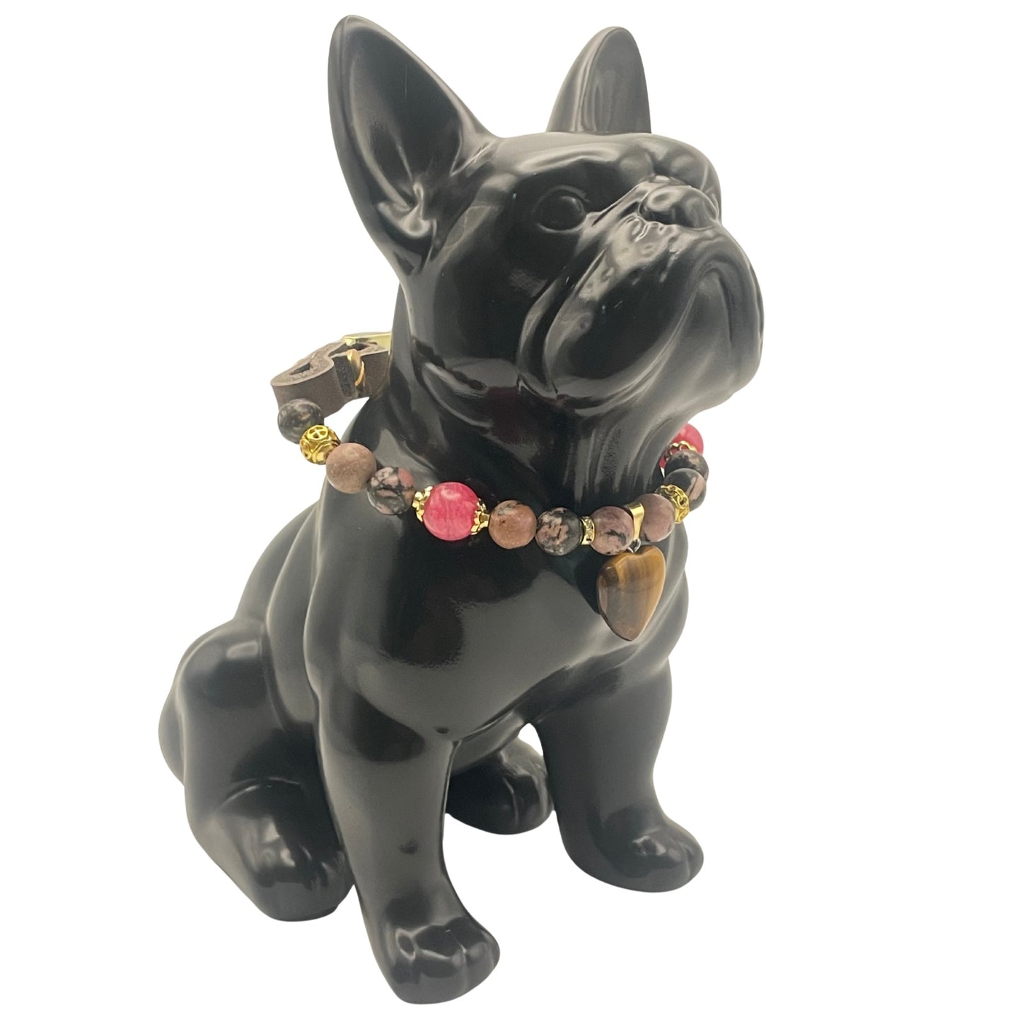 Größe: 28 cm Umfang. Edelstein - Hundehalsband - mit Tigerauge, Rhodonit und Rubin