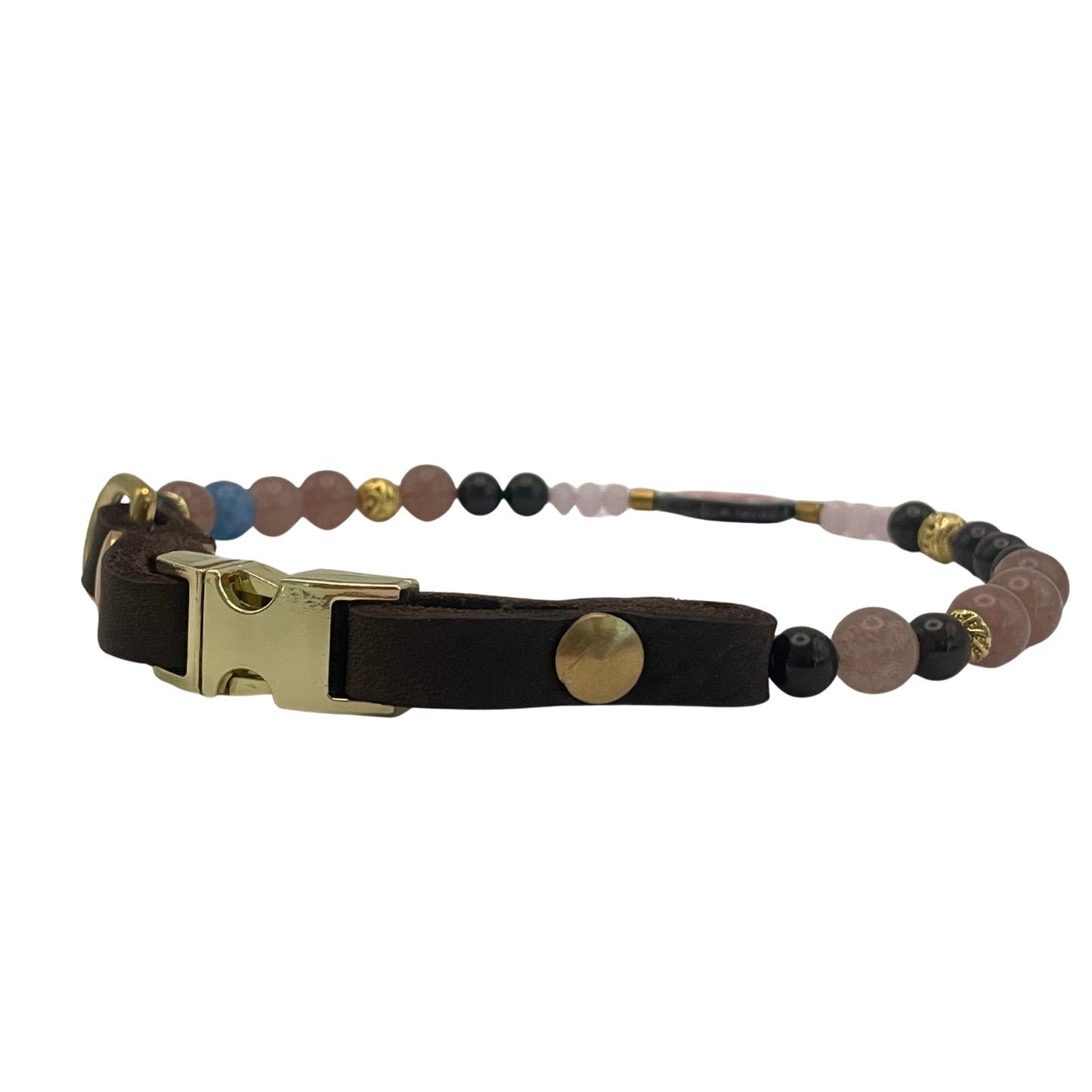 Größe 38 cm Umfang. Einzigartiges Hundehalsband mit echten Edelsteinen - mit Granat, Erdbeerquarz und Aquamarin