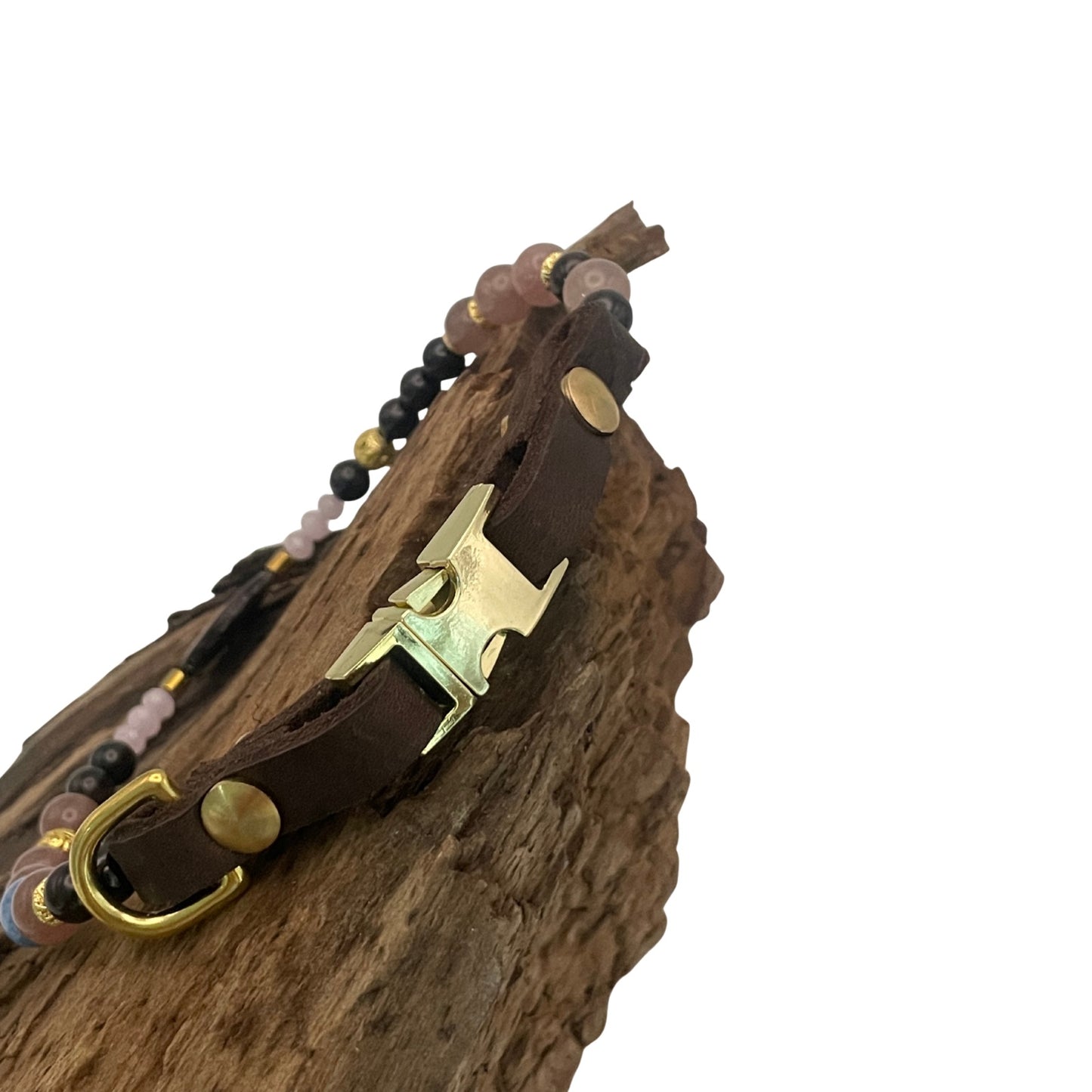 Größe 38 cm Umfang. Einzigartiges Hundehalsband mit echten Edelsteinen - mit Granat, Erdbeerquarz und Aquamarin