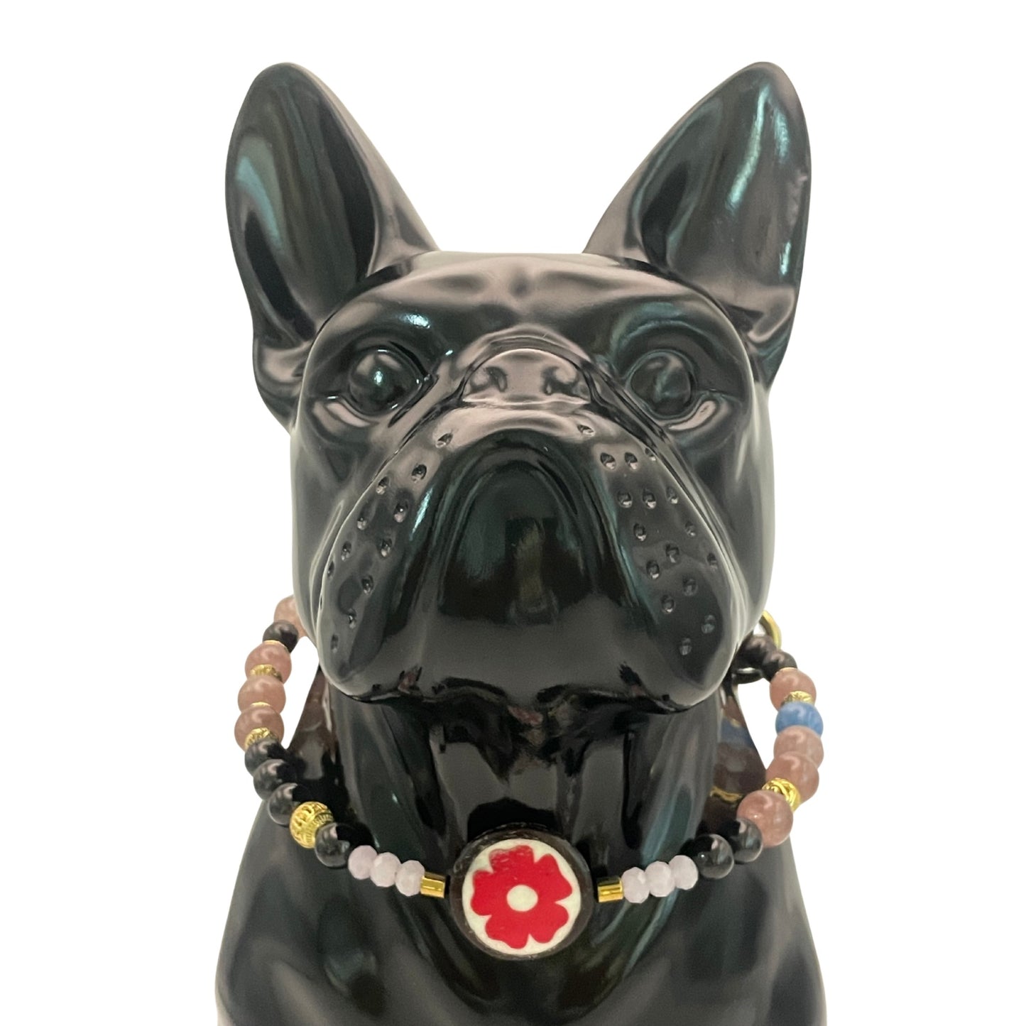 Größe 38 cm Umfang. Einzigartiges Hundehalsband mit echten Edelsteinen - mit Granat, Erdbeerquarz und Aquamarin