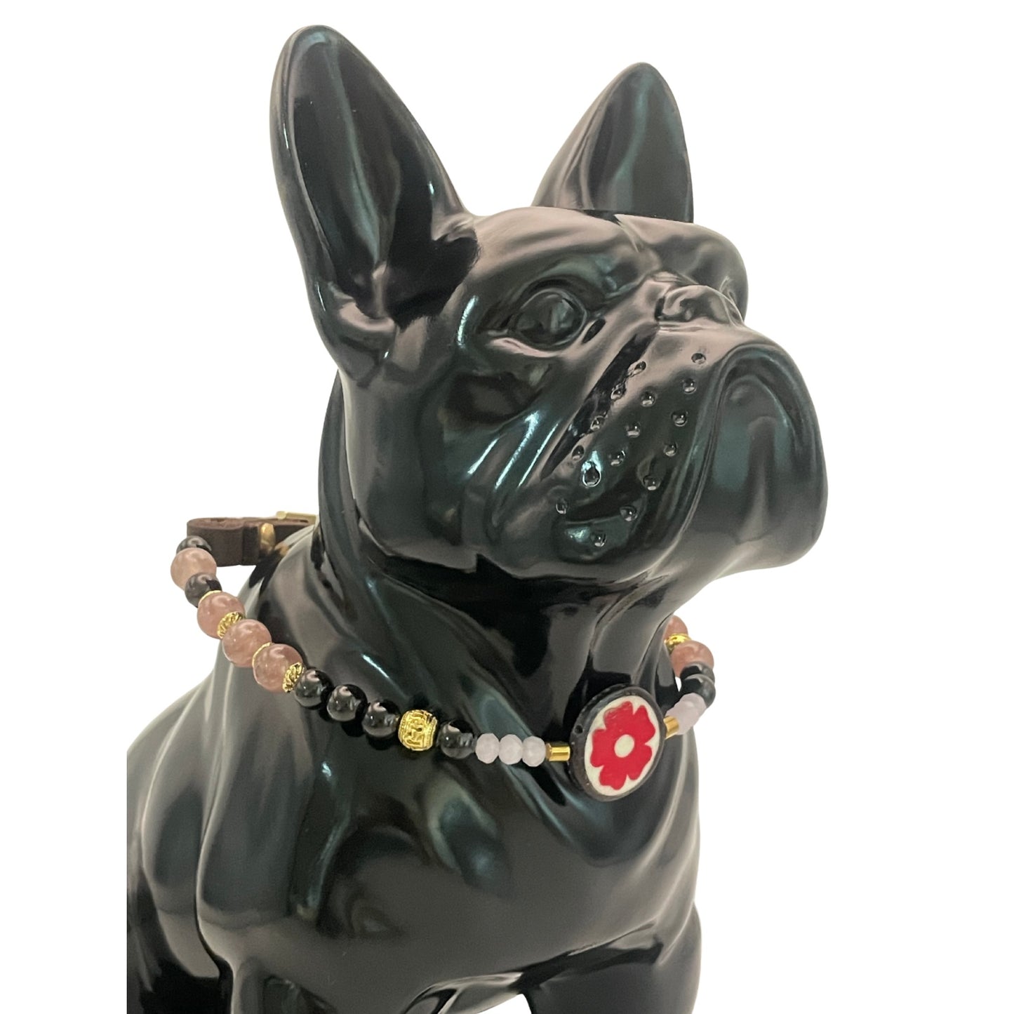 Größe 38 cm Umfang. Einzigartiges Hundehalsband mit echten Edelsteinen - mit Granat, Erdbeerquarz und Aquamarin