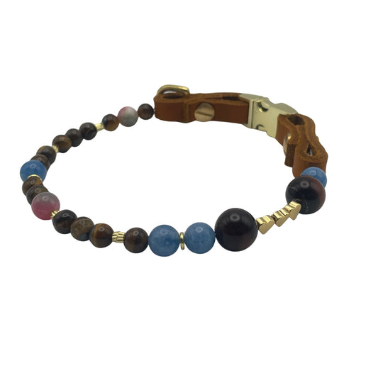 Größe: 36 cm Umfang. Edelstein - Hundehalsband - mit Tigerauge, Aquamarin und Achat