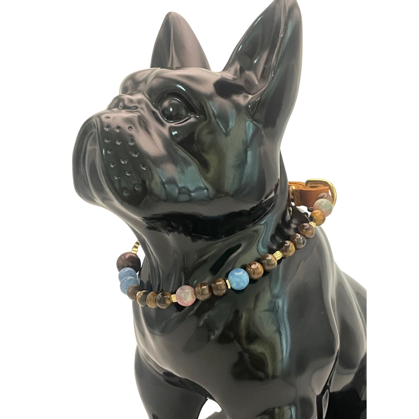 Größe: 36 cm Umfang. Edelstein - Hundehalsband - mit Tigerauge, Aquamarin und Achat