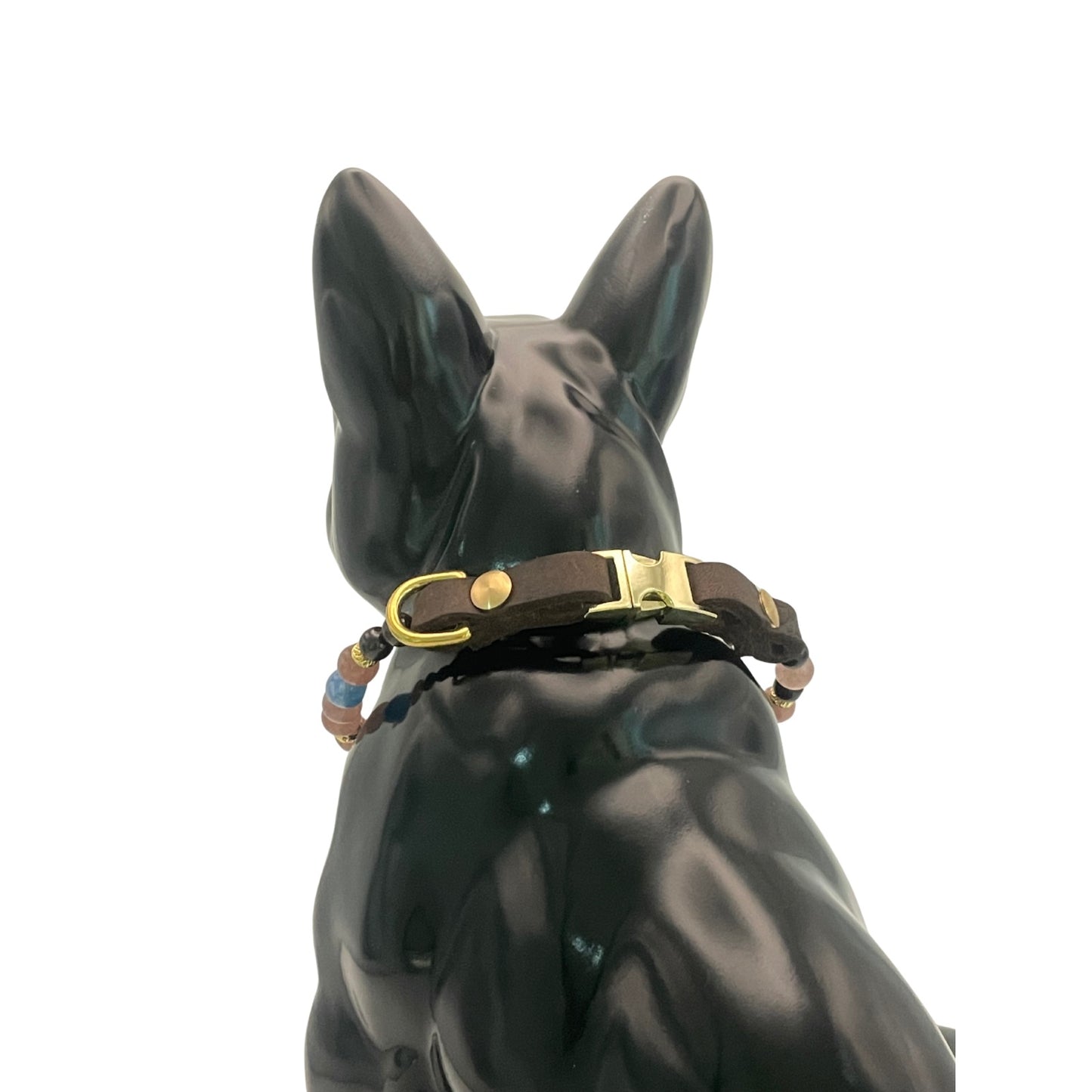 Größe 38 cm Umfang. Einzigartiges Hundehalsband mit echten Edelsteinen - mit Granat, Erdbeerquarz und Aquamarin