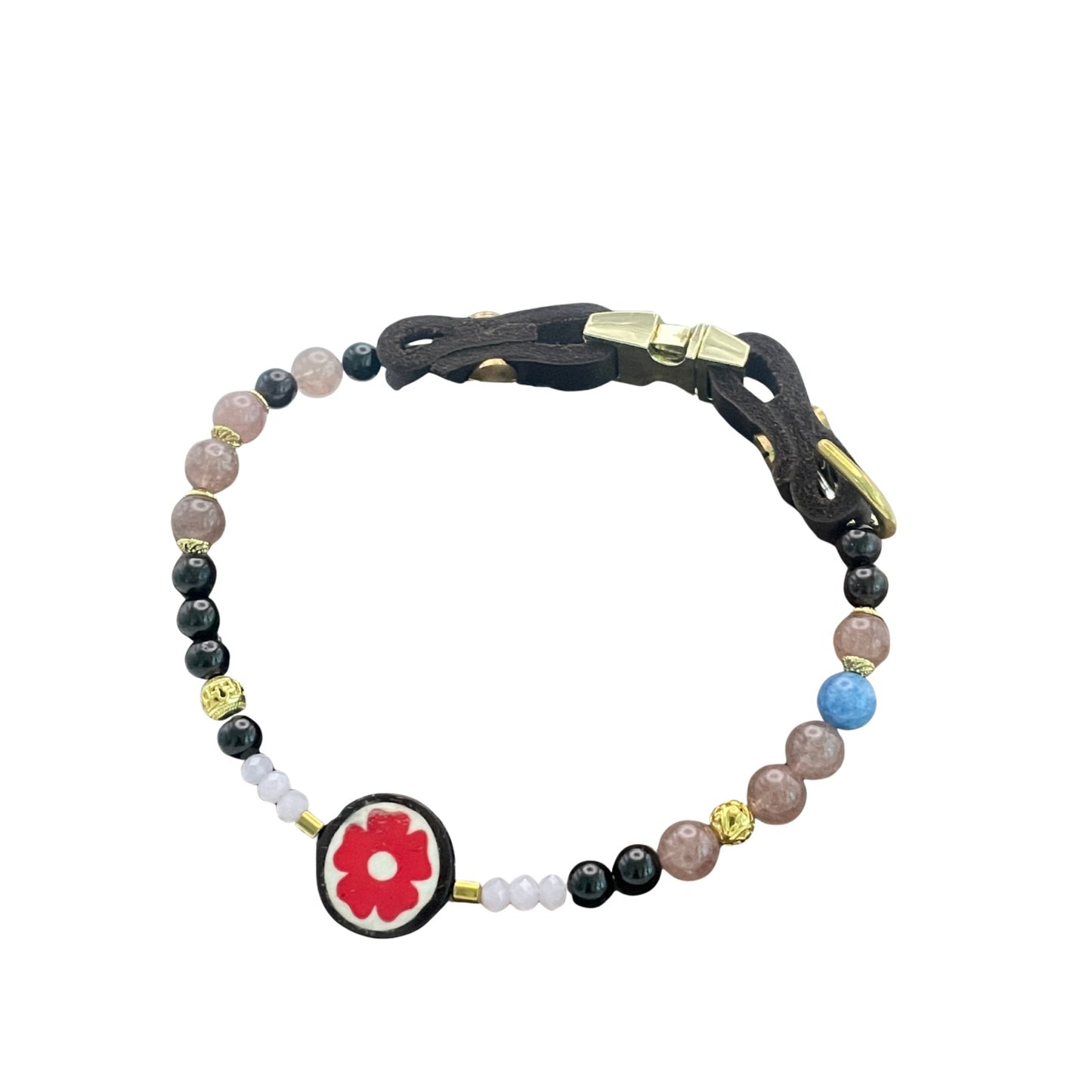 Größe 38 cm Umfang. Einzigartiges Hundehalsband mit echten Edelsteinen - mit Granat, Erdbeerquarz und Aquamarin