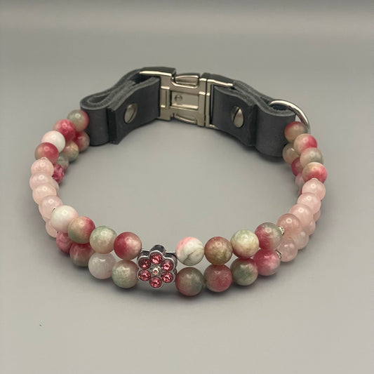 Größe: 36 cm Umfang. Edelstein-Hundehalsband mit Achat und Rosenquarz