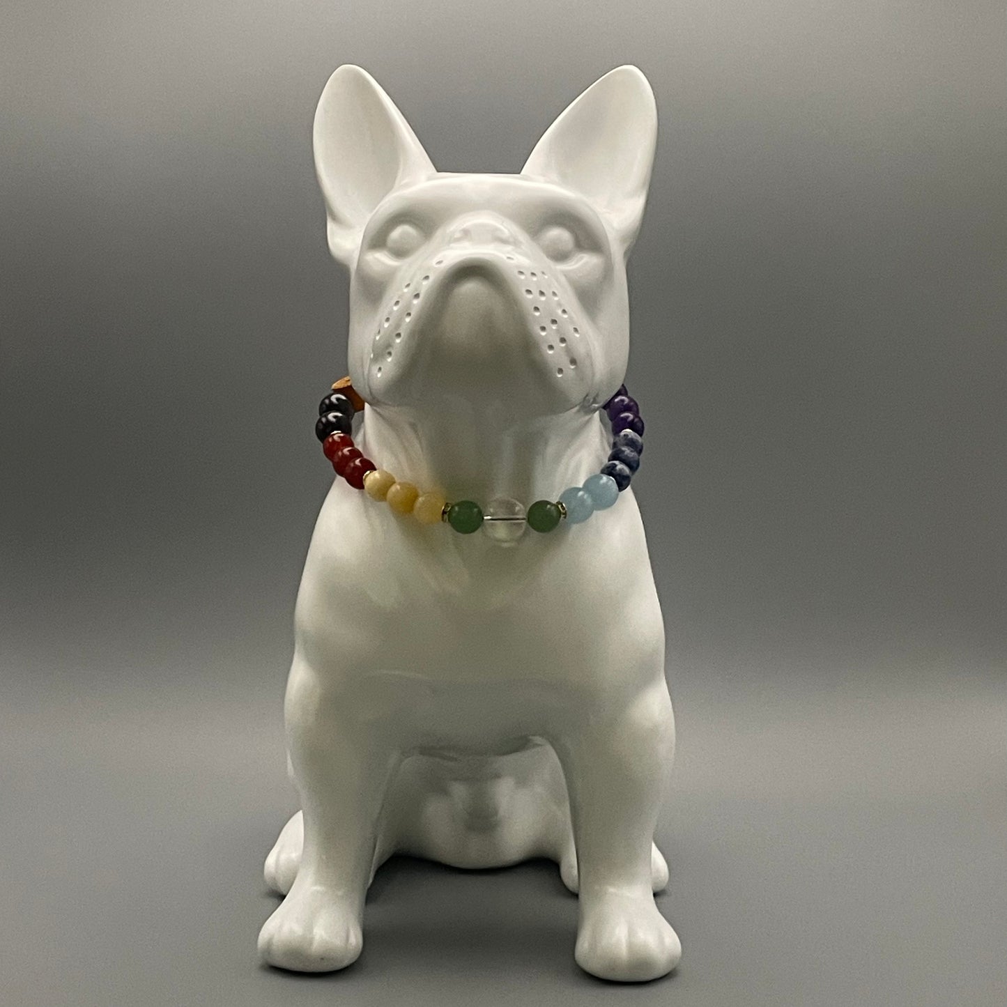 Größe: 32 cm Umfang. Edelstein-Hundehalsband – mit Granat, Karneol, gelbem Calcit, Aventurin, Bergkristall, Aquamarin, Sodalit & Amethyst