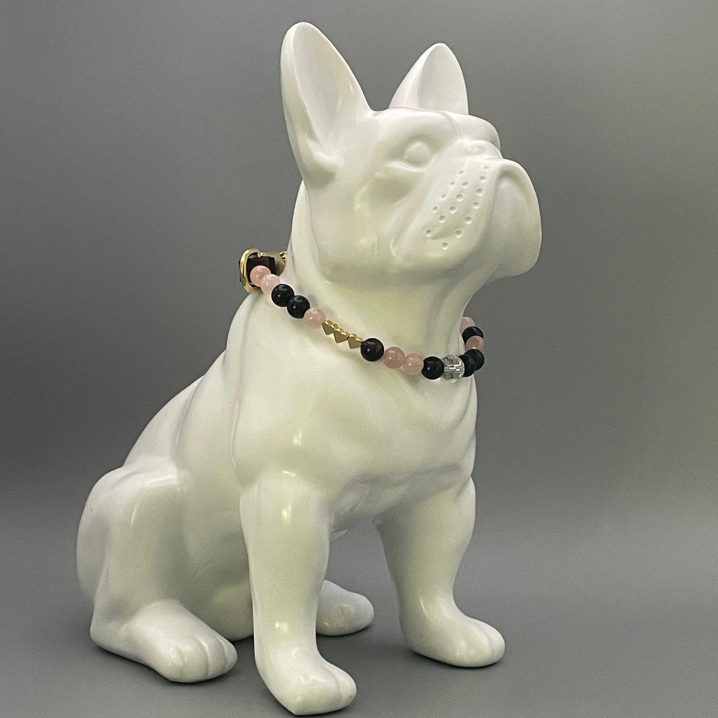 Größe: 33 cm Umfang. Edelstein-Hundehalsband – mit Rosenquarz, Obsidian & Aquamarin