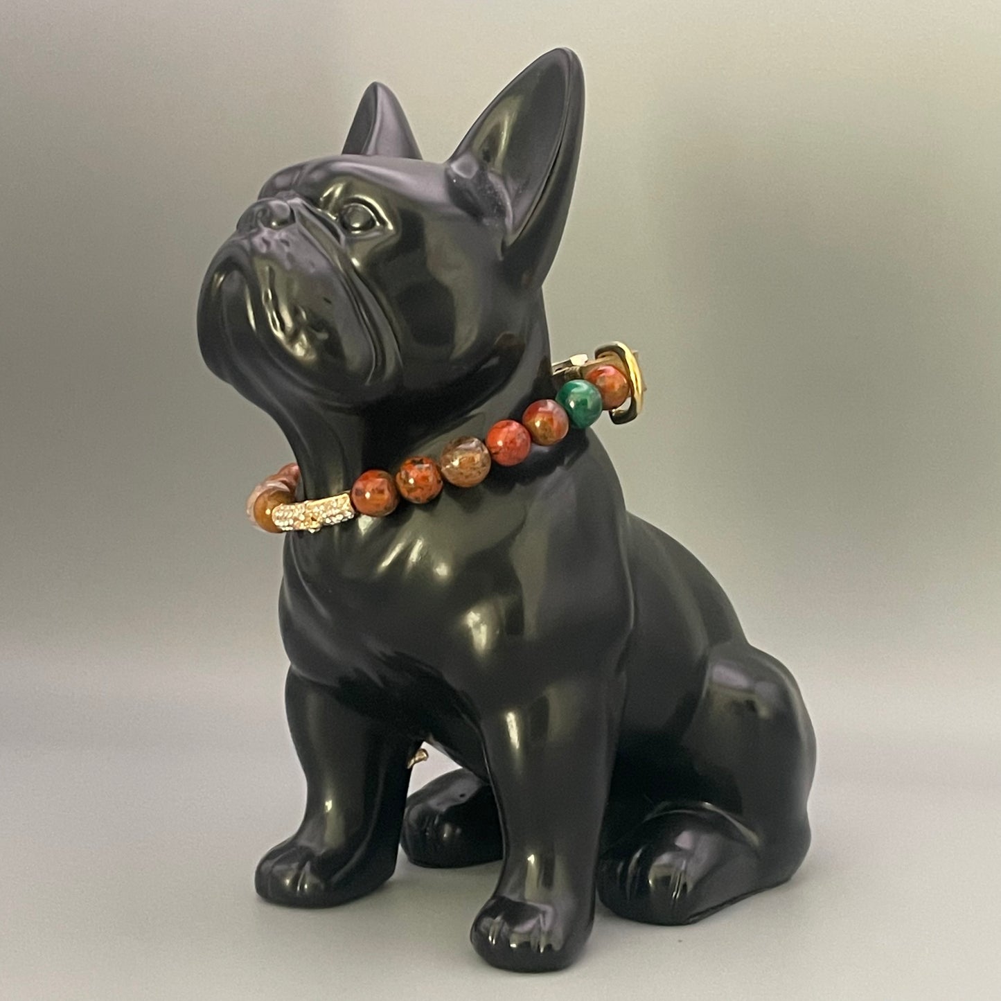 Größe: 28 cm Umfang. Edelstein-Hundehalsband – mit Feuerachat, Rutilquarz und Malachit.