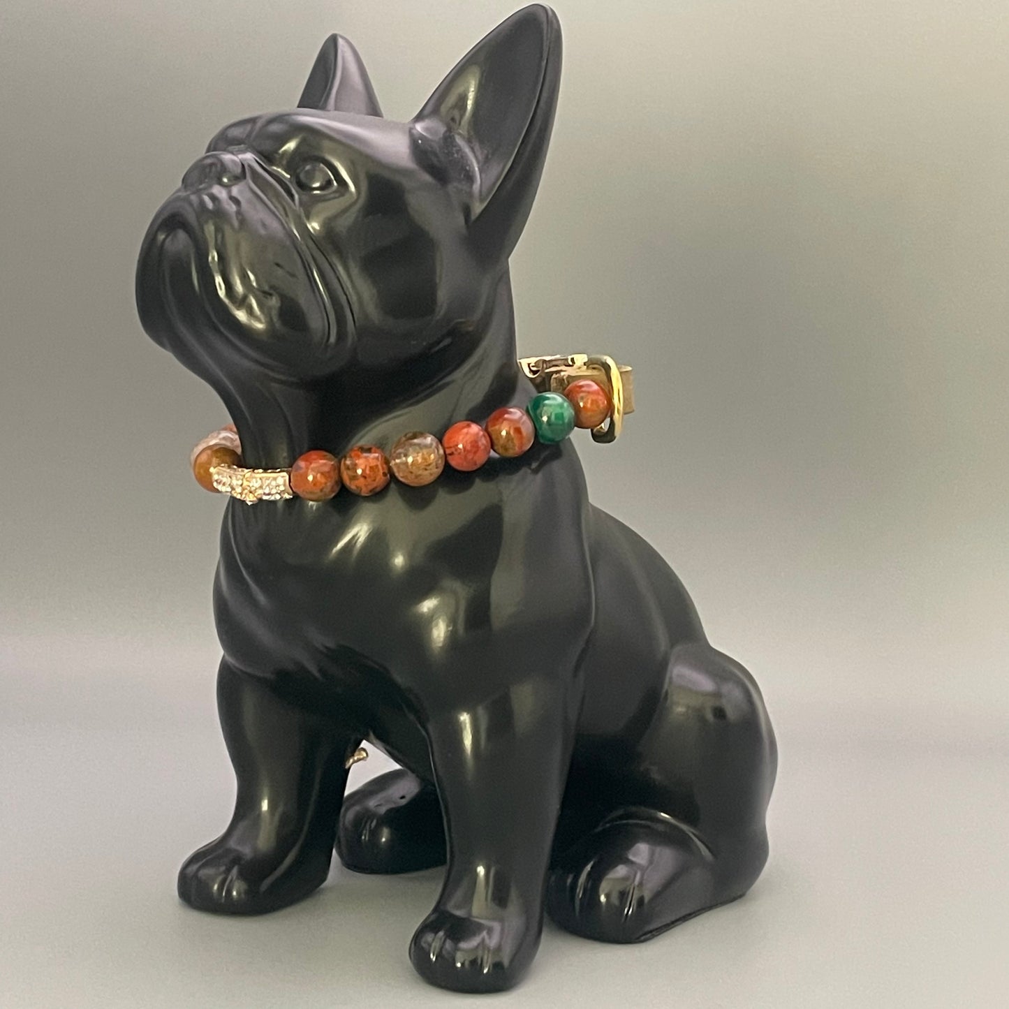 Größe: 28 cm Umfang. Edelstein-Hundehalsband – mit Feuerachat, Rutilquarz und Malachit.