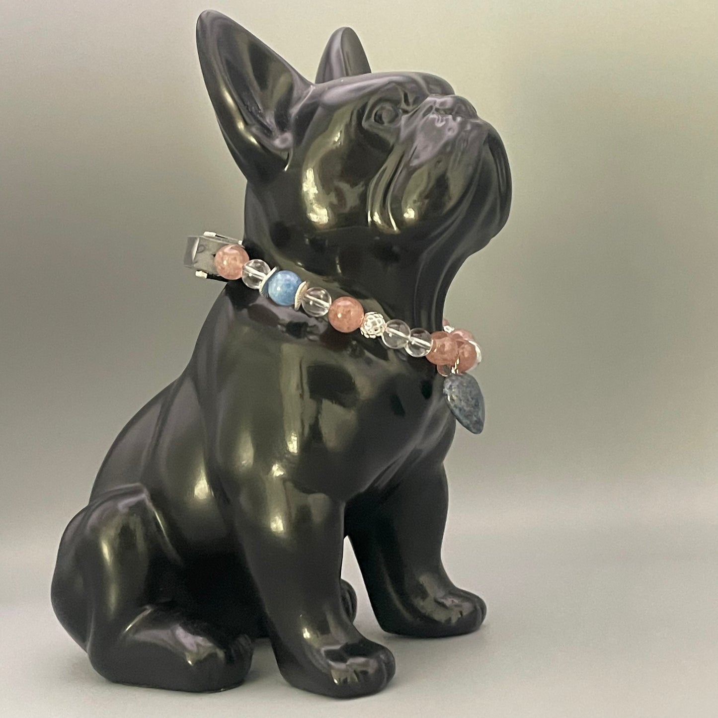 Größe: 28 cm Umfang. Edelstein-Hundehalsband – mit Aquamarin, Erdbeerquarz & Lapislazuli-Herz
