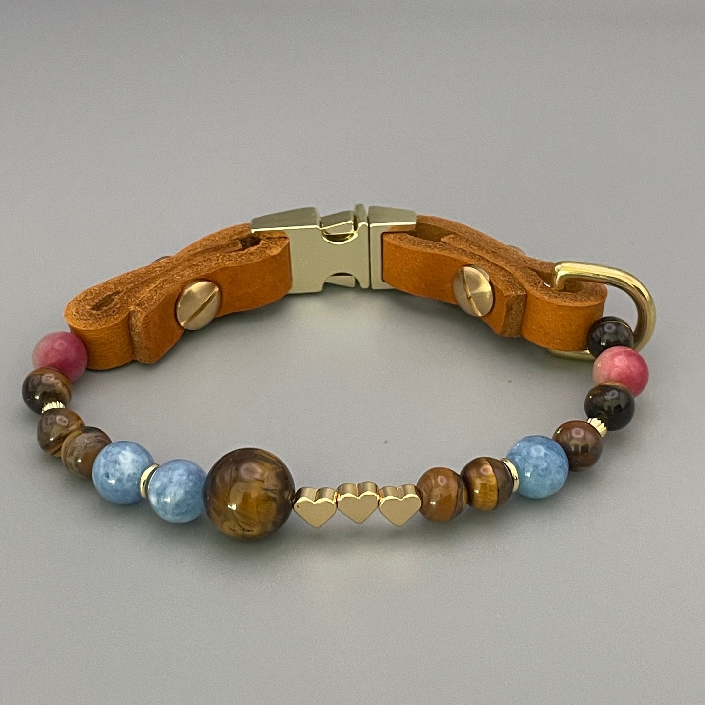 Größe: 26 cm Umfang. Edelstein-Hundehalsband – mit Tigerauge, Achat & Aquamarin