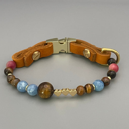 Größe: 26 cm Umfang. Edelstein-Hundehalsband – mit Tigerauge, Achat & Aquamarin